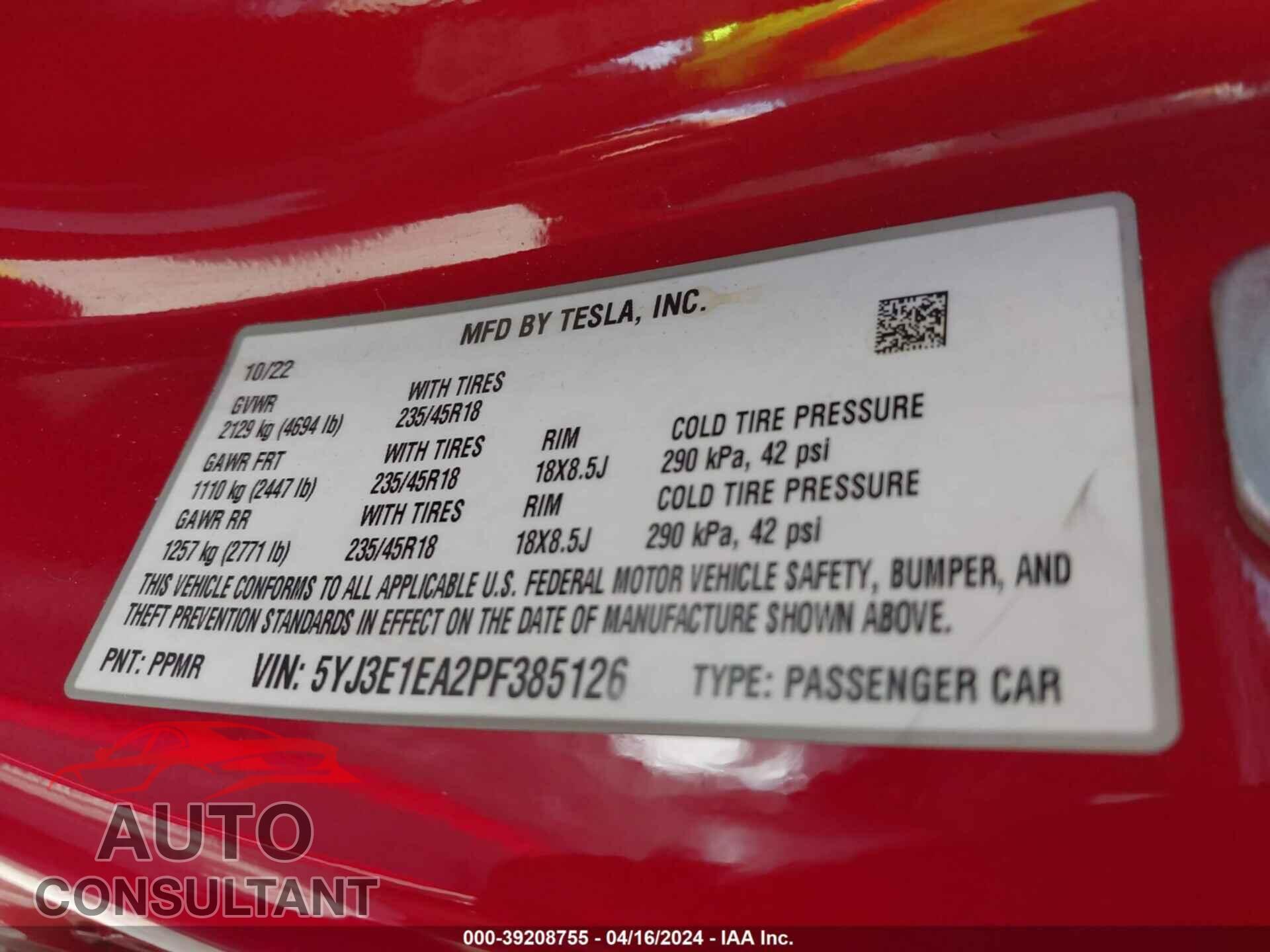 TESLA MODEL 3 2023 - 5YJ3E1EA2PF385126