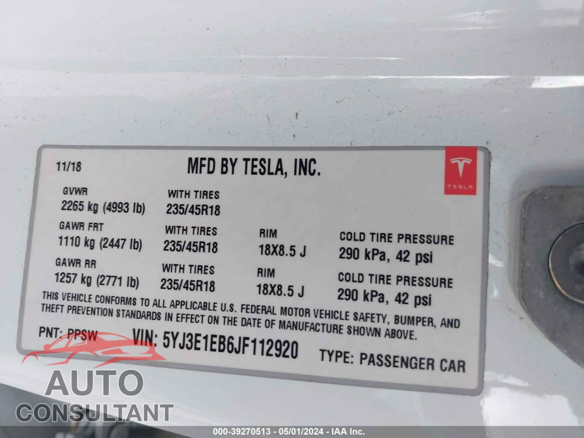 TESLA MODEL 3 2018 - 5YJ3E1EB6JF112920