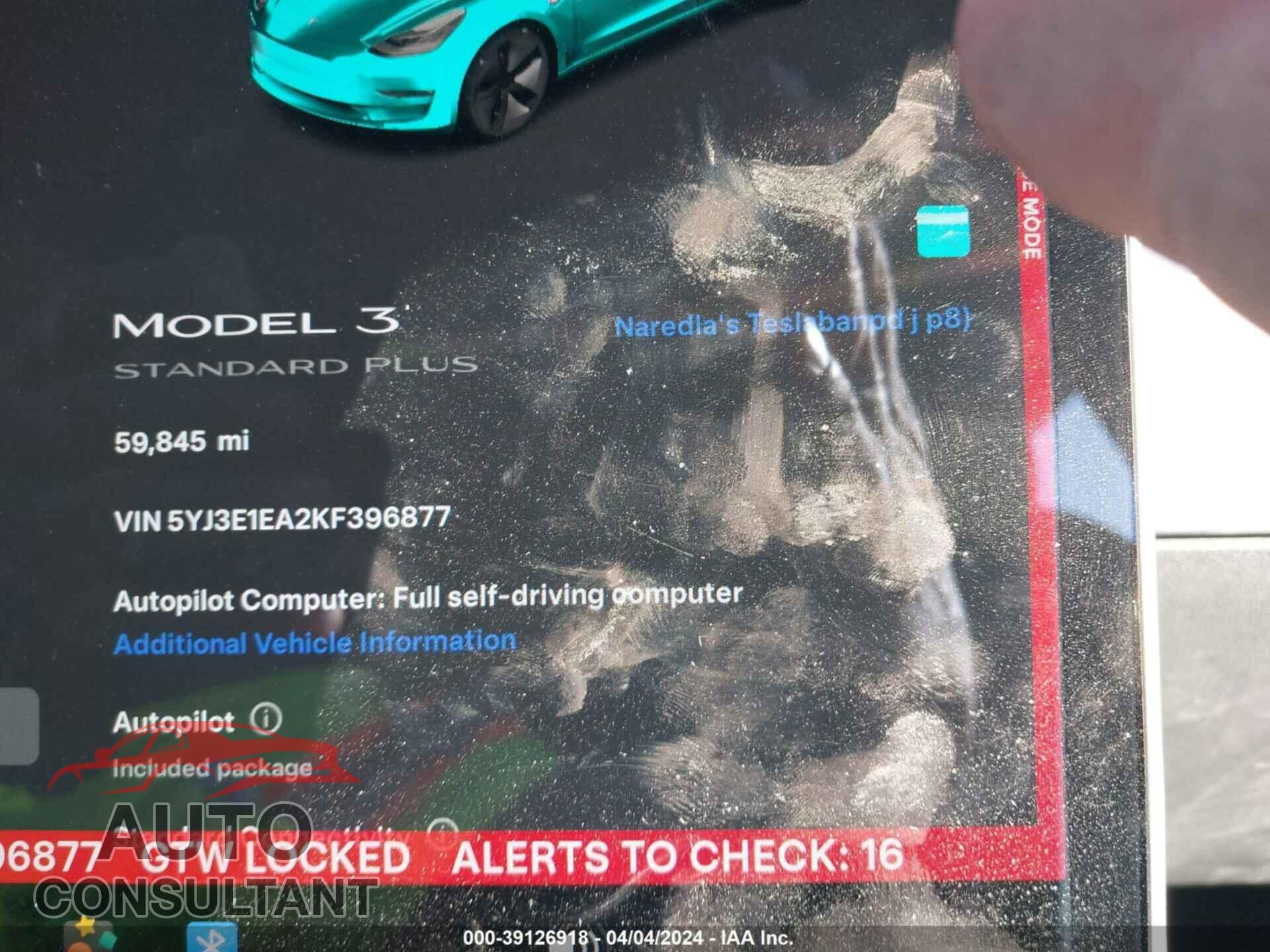 TESLA MODEL 3 2019 - 5YJ3E1EA2KF396877