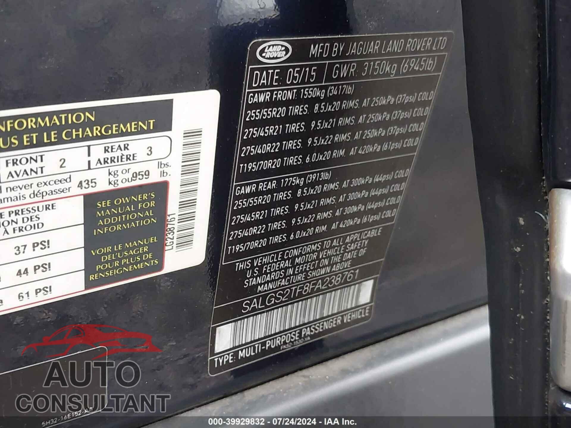 LAND ROVER RANGE ROVER 2015 - SALGS2TF8FA238761
