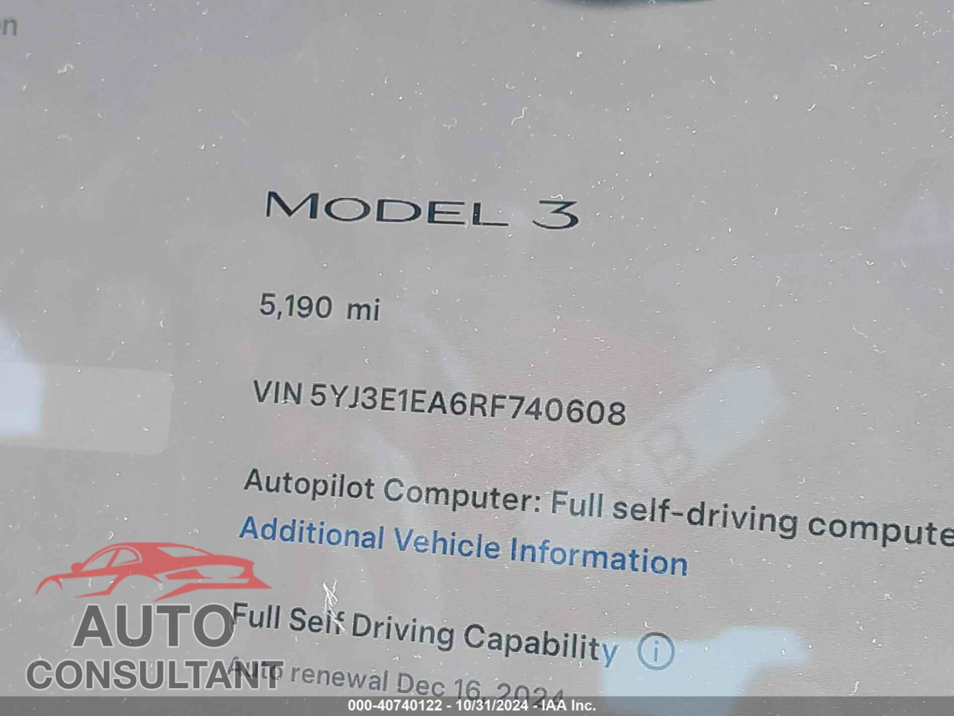 TESLA MODEL 3 2024 - 5YJ3E1EA6RF740608