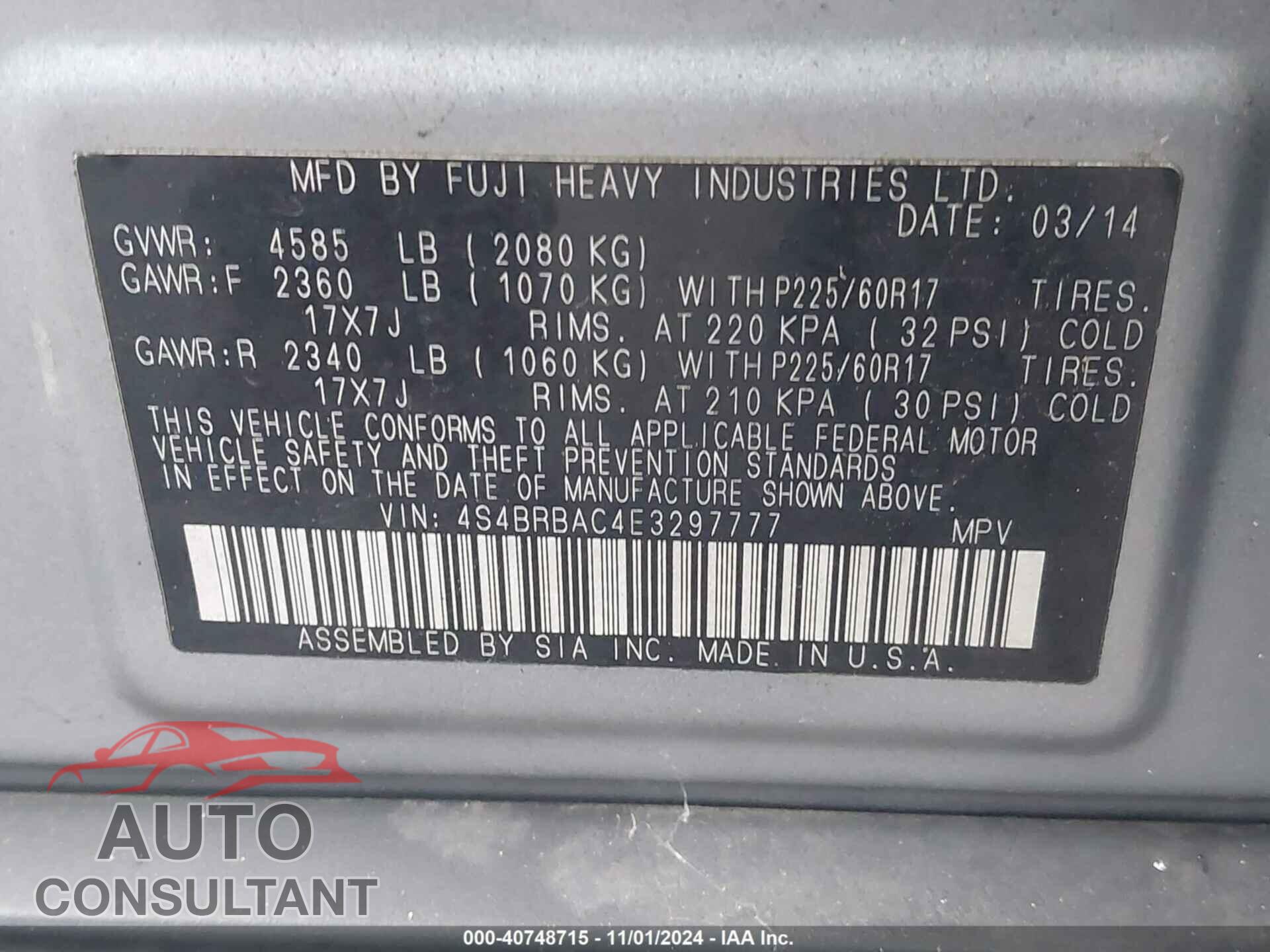 SUBARU OUTBACK 2014 - 4S4BRBAC4E3297777