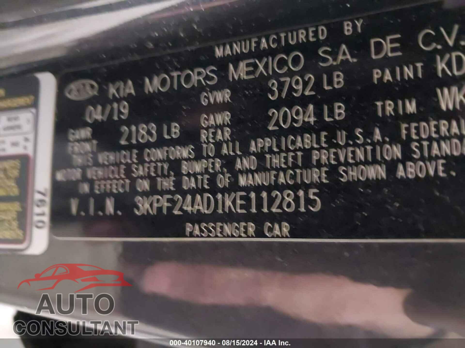 KIA FORTE 2019 - 3KPF24AD1KE112815