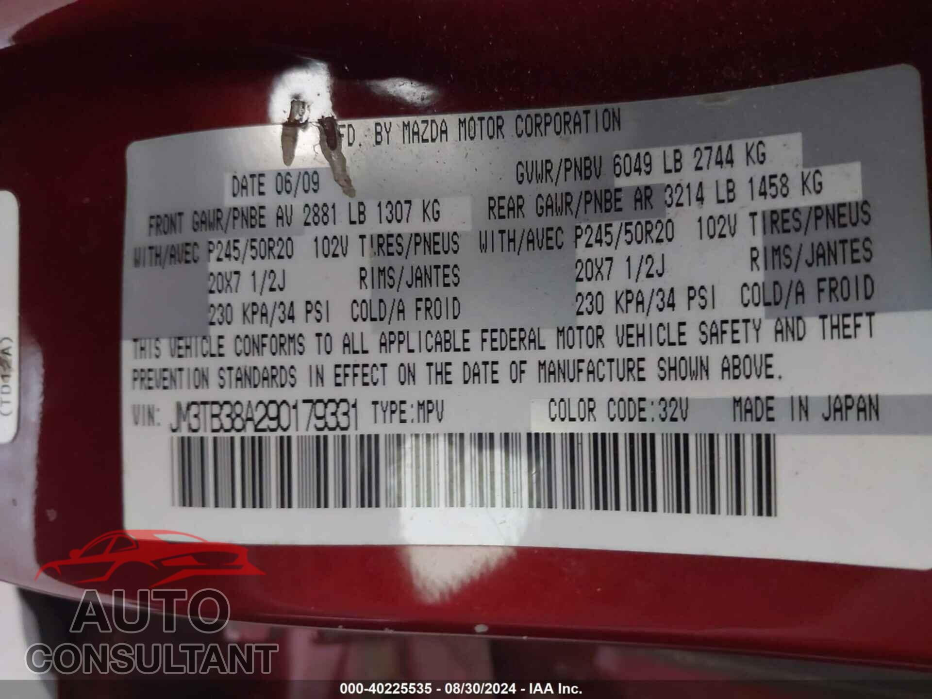 MAZDA CX-9 2009 - JM3TB38A290179331