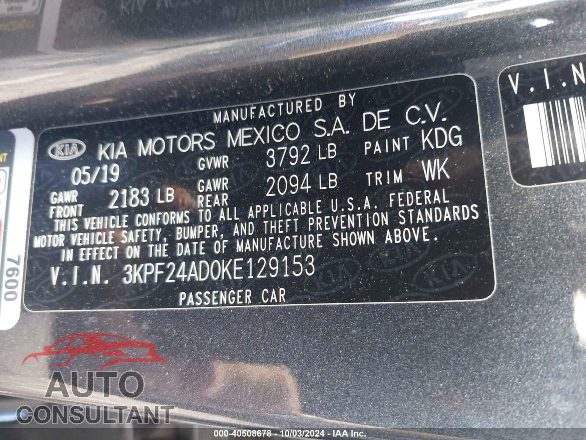 KIA FORTE 2019 - 3KPF24AD0KE129153