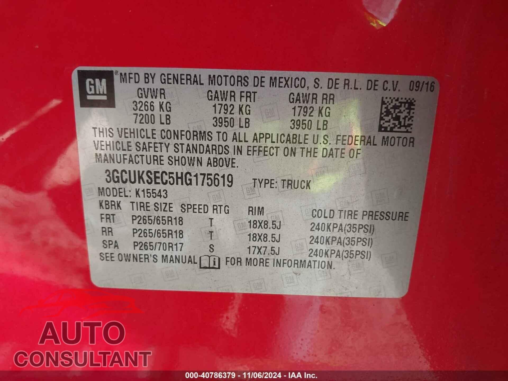 CHEVROLET SILVERADO 1500 2017 - 3GCUKSEC5HG175619