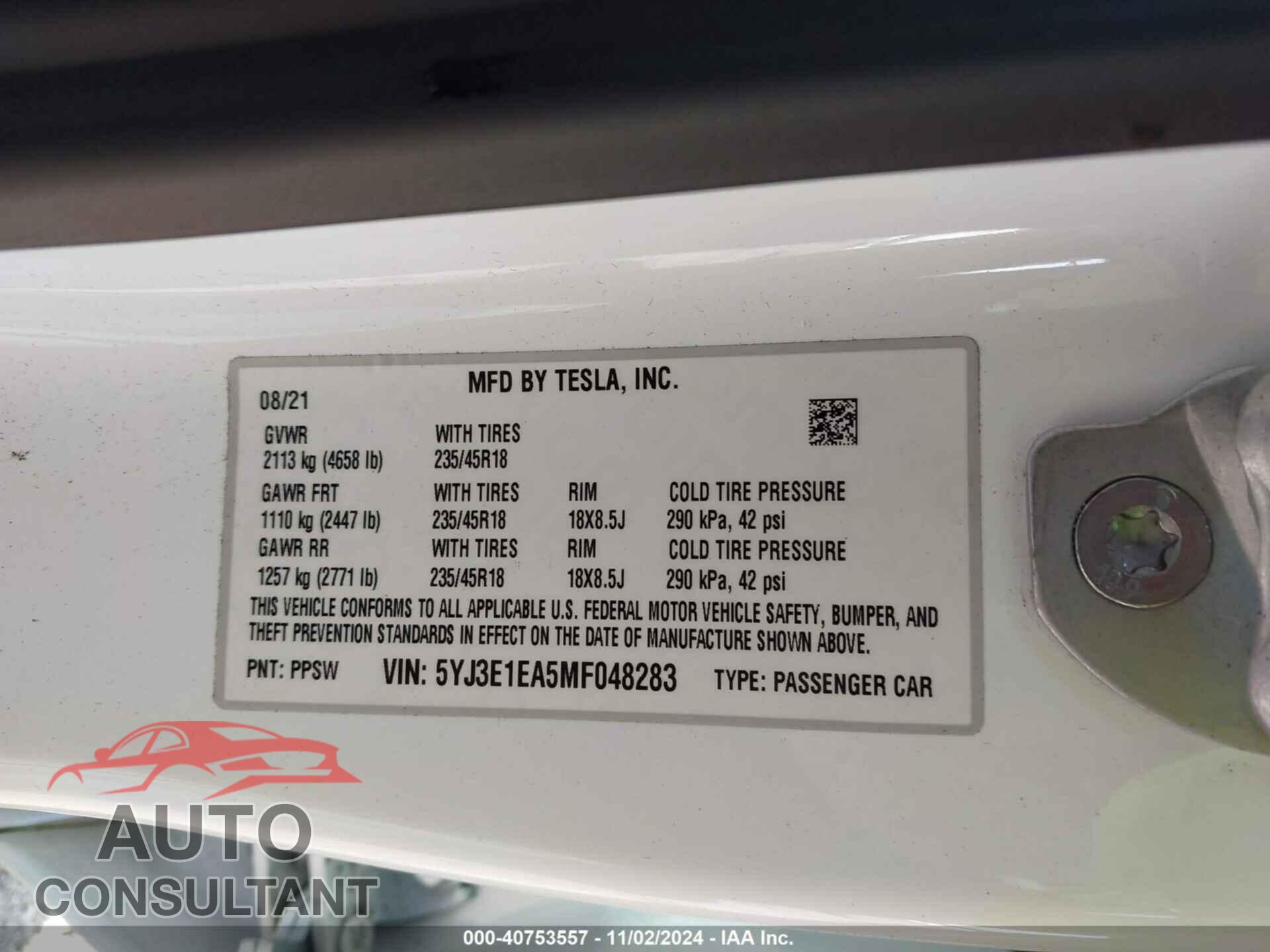 TESLA MODEL 3 2021 - 5YJ3E1EA5MF048283