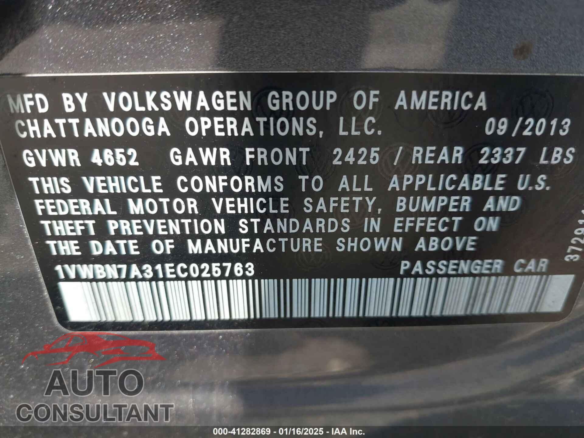 VOLKSWAGEN PASSAT 2014 - 1VWBN7A31EC025763