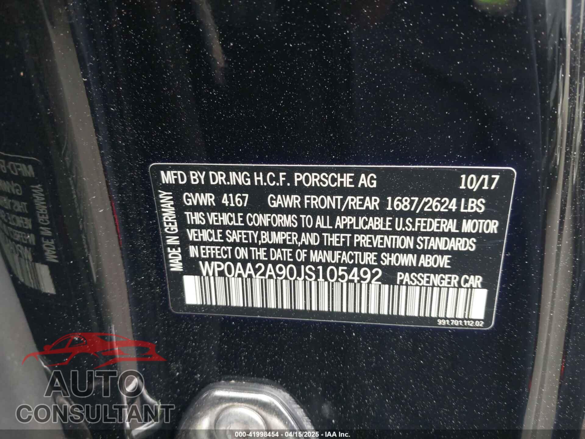 PORSCHE 911 2018 - WP0AA2A90JS105492