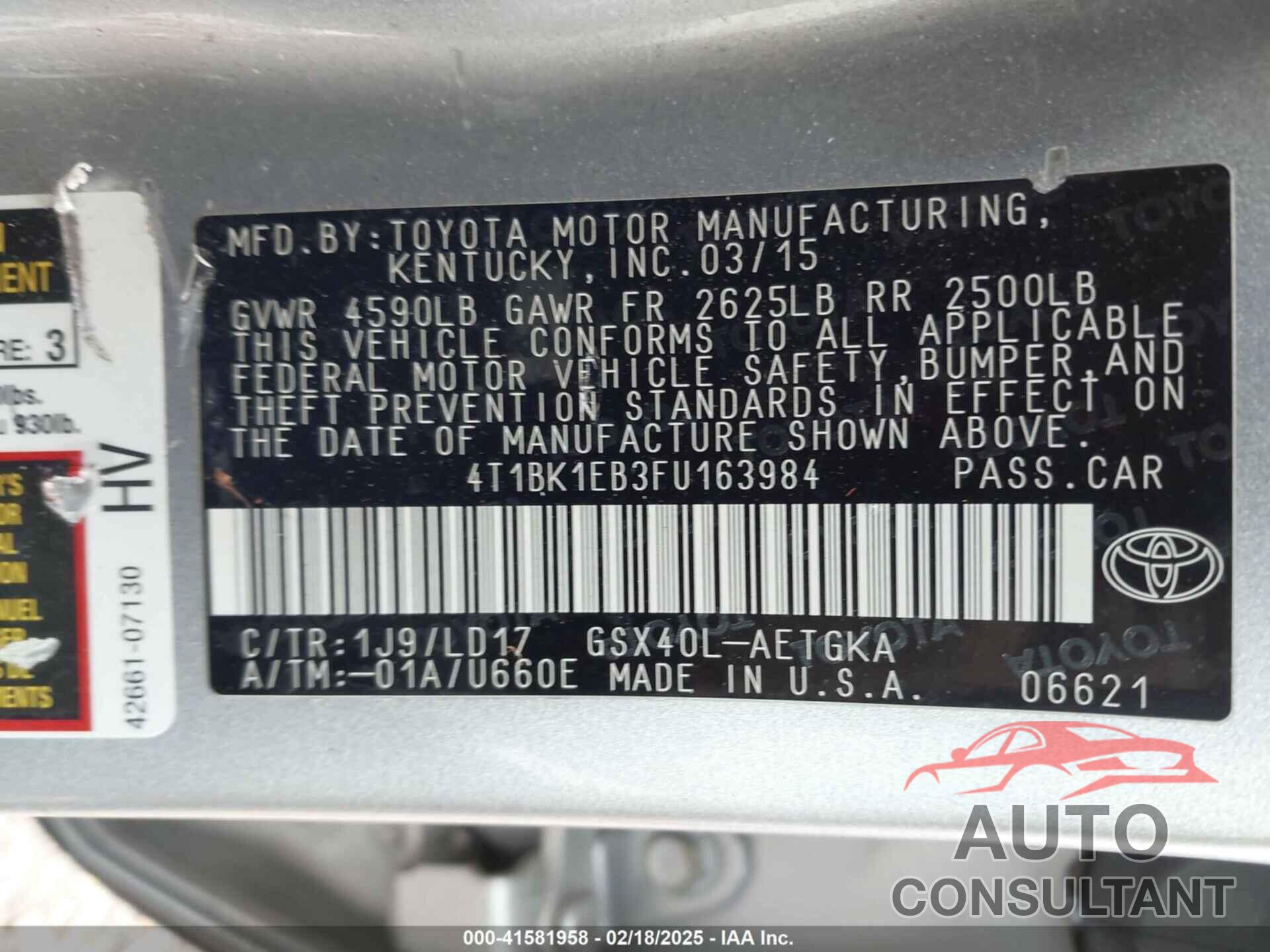 TOYOTA AVALON 2015 - 4T1BK1EB3FU163984