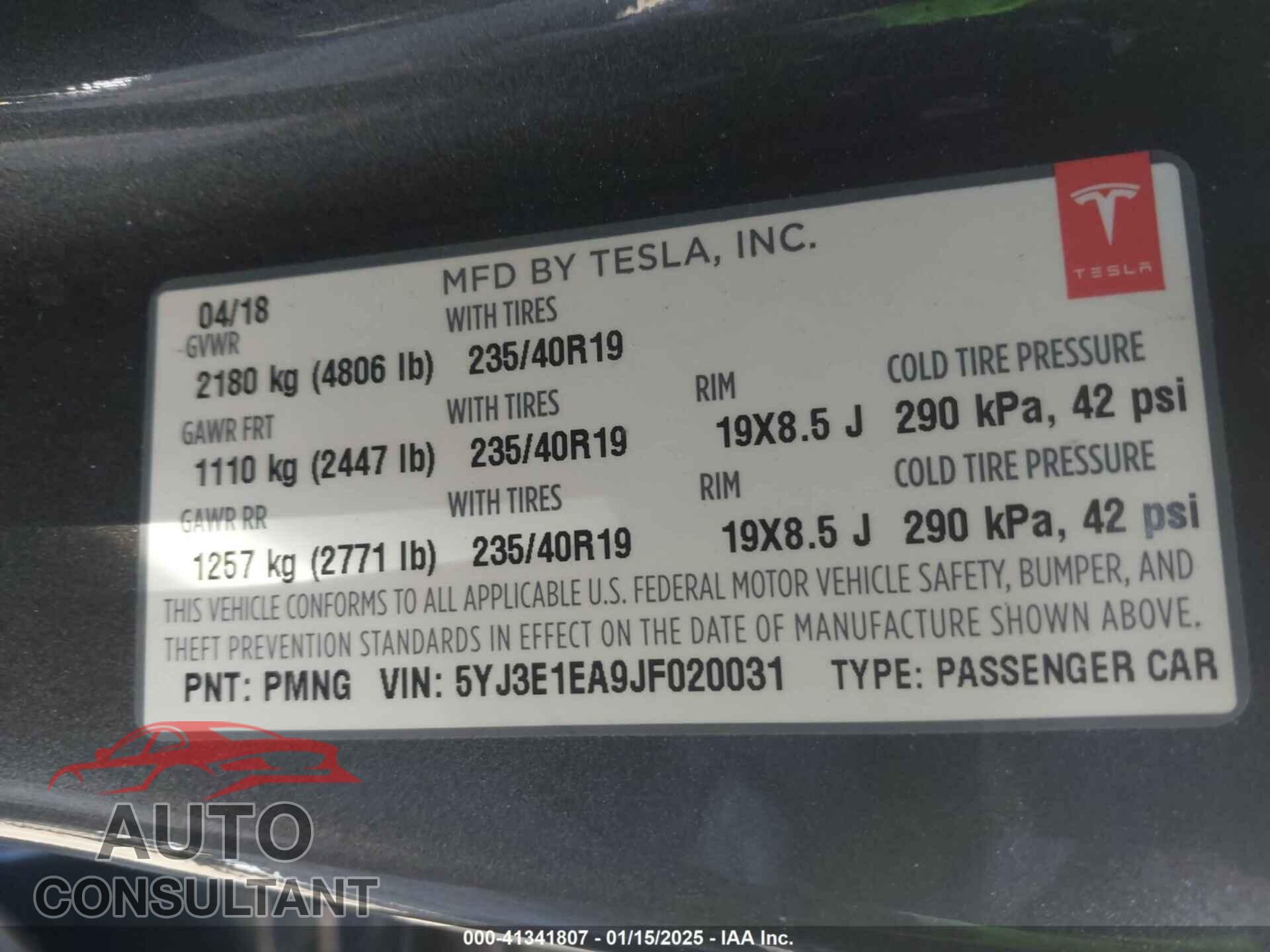 TESLA MODEL 3 2018 - 5YJ3E1EA9JF020031