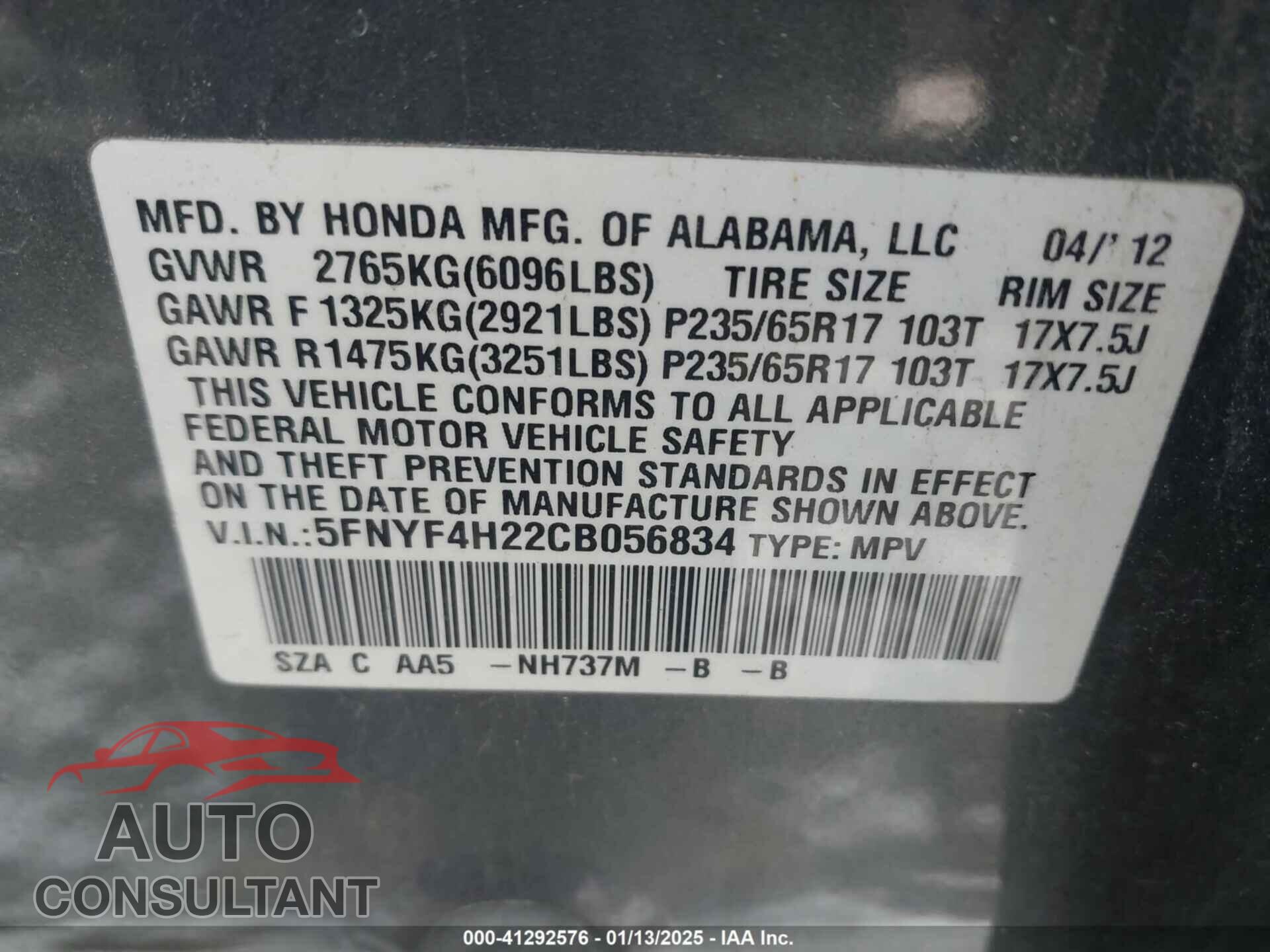 HONDA PILOT 2012 - 5FNYF4H22CB056834
