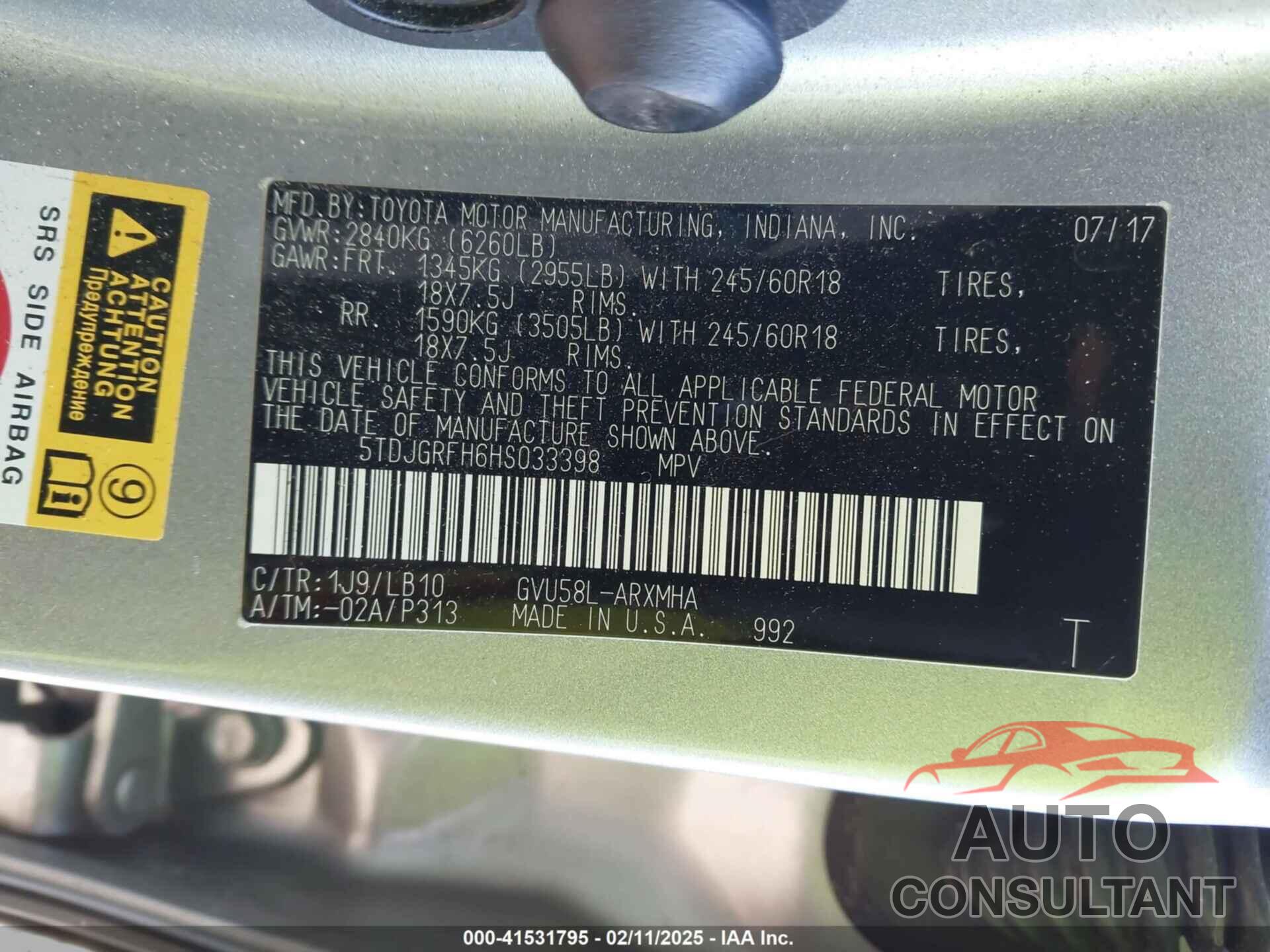 TOYOTA HIGHLANDER HYBRID 2017 - 5TDJGRFH6HS033398