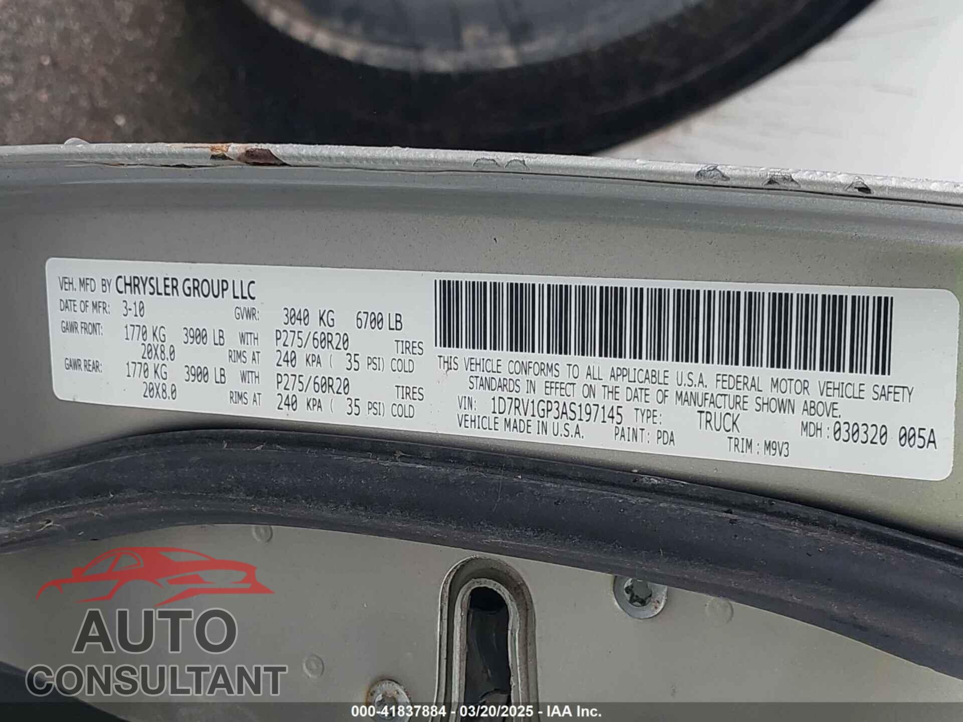 DODGE RAM 1500 2010 - 1D7RV1GP3AS197145