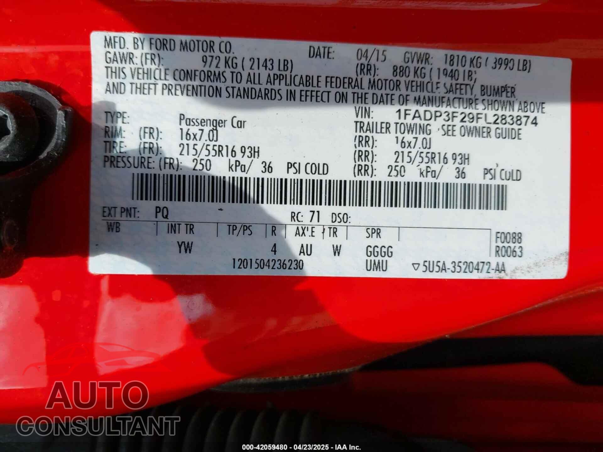 FORD FOCUS 2015 - 1FADP3F29FL283874