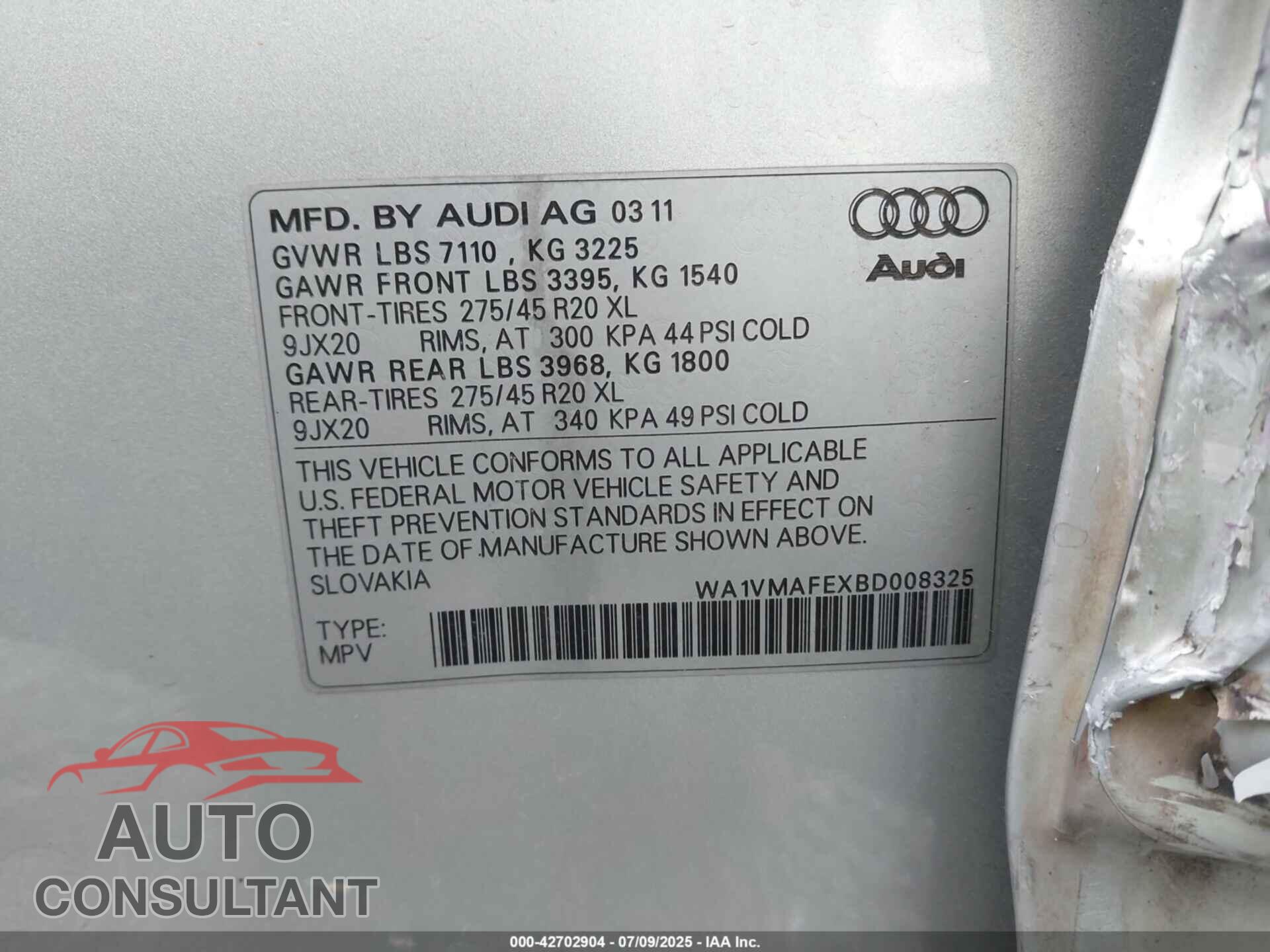 AUDI Q7 2011 - WA1VMAFEXBD008325