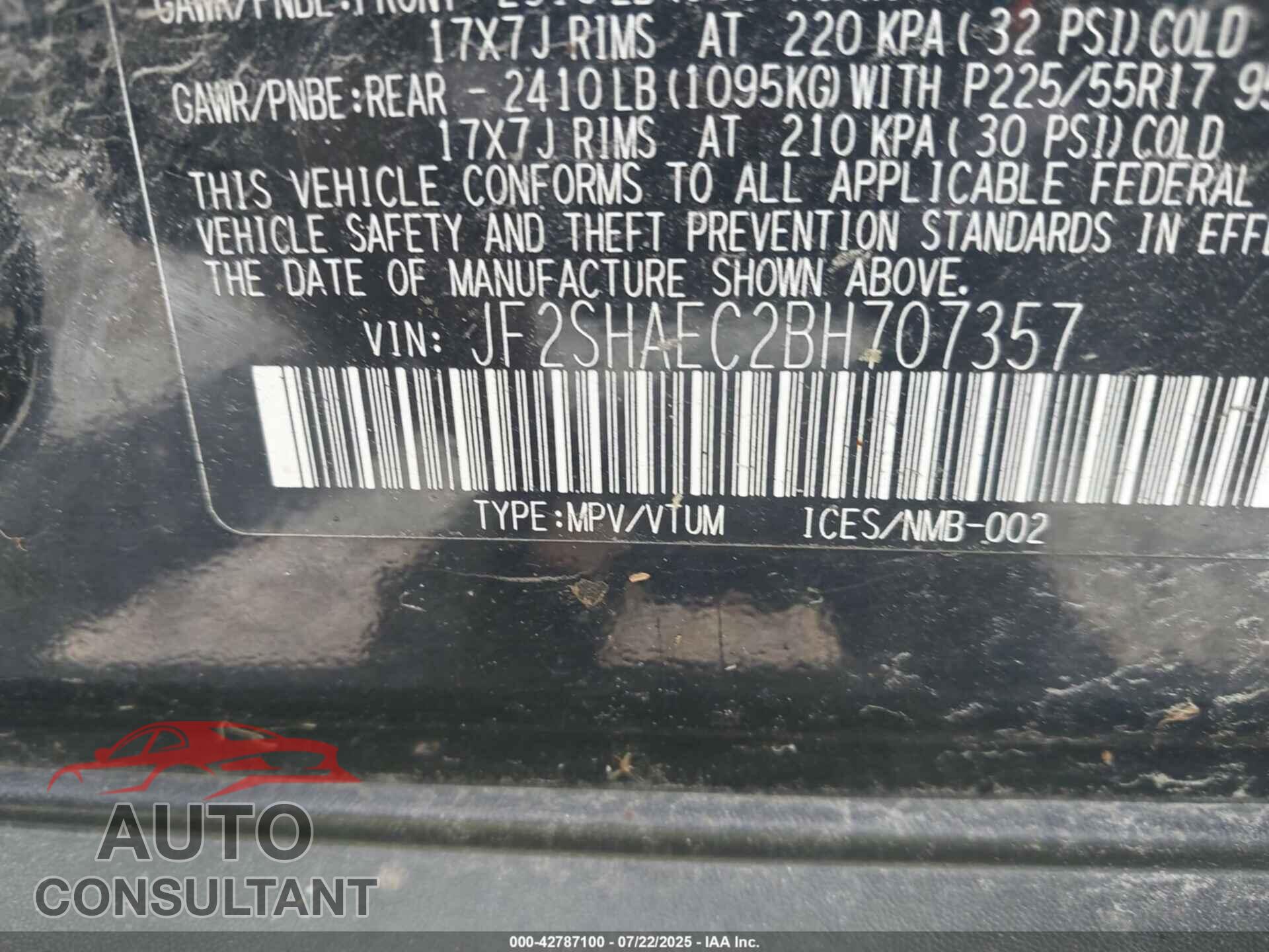 SUBARU FORESTER 2011 - JF2SHAEC2BH707357