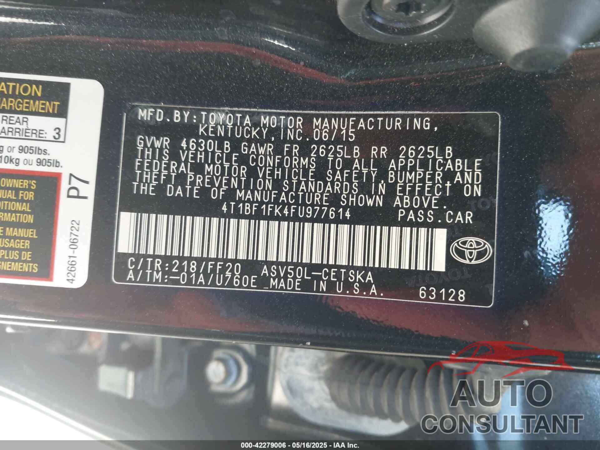 TOYOTA CAMRY 2015 - 4T1BF1FK4FU977614
