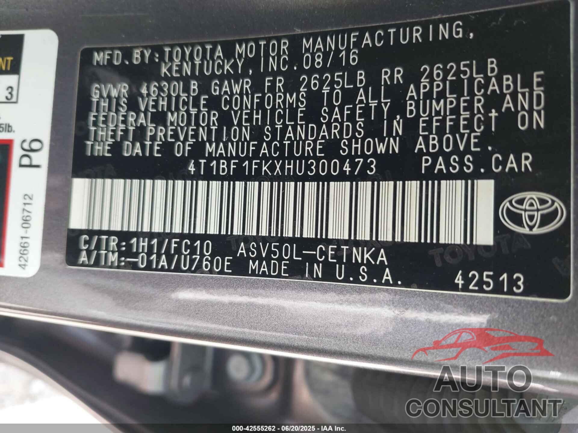 TOYOTA CAMRY 2017 - 4T1BF1FKXHU300473