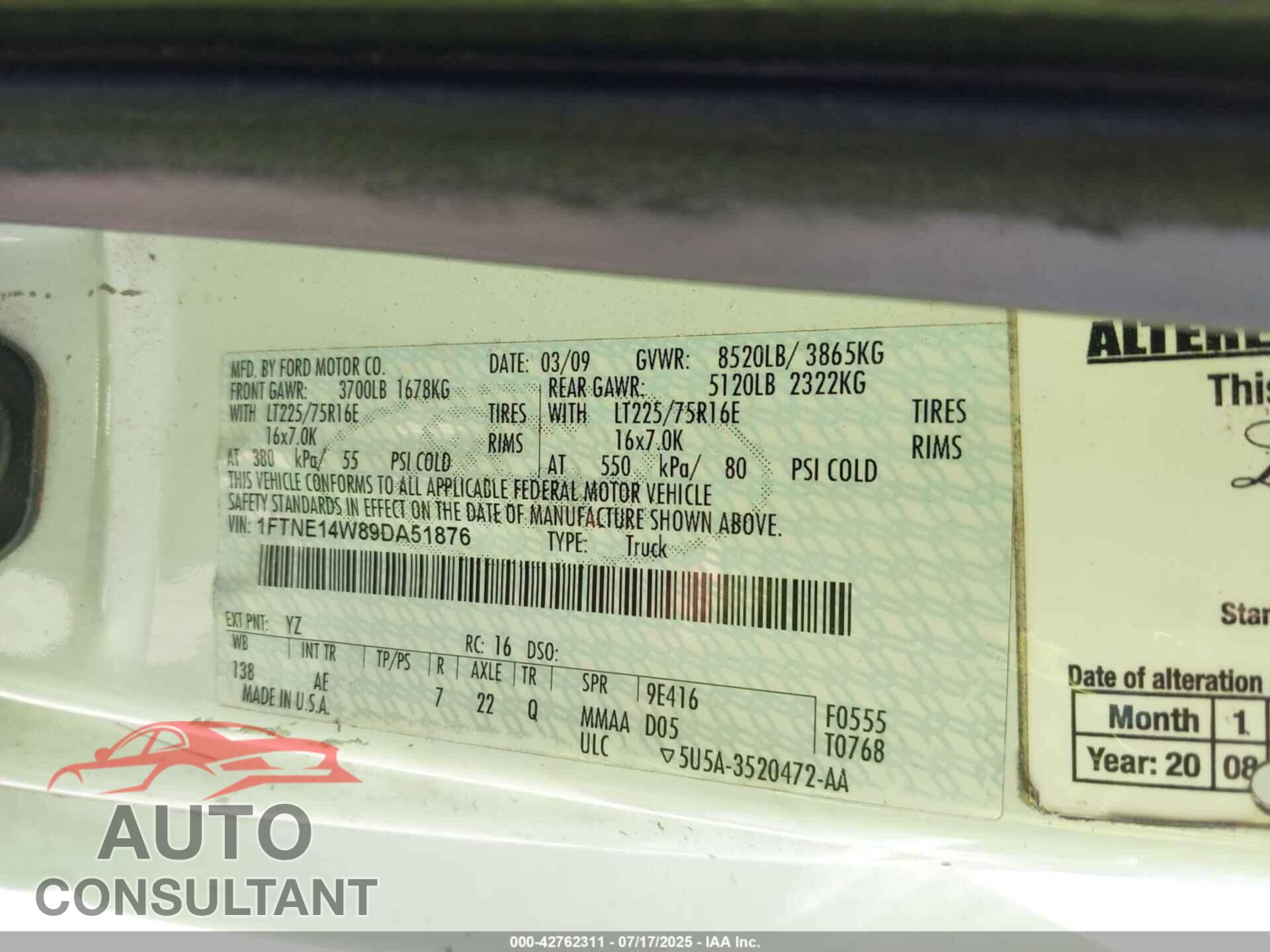 FORD E-150 2009 - 1FTNE14W89DA51876