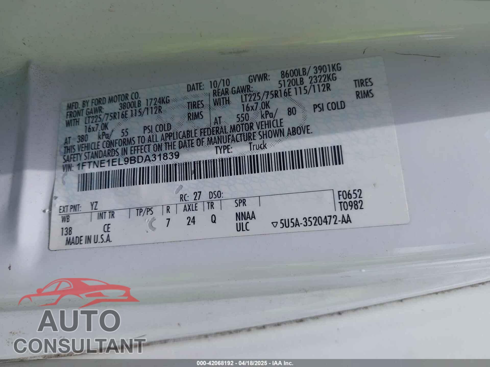 FORD E-150 2011 - 1FTNE1EL9BDA31839