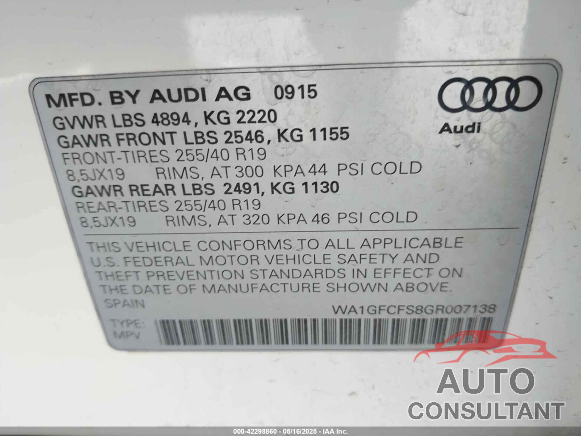 AUDI Q3 2016 - WA1GFCFS8GR007138