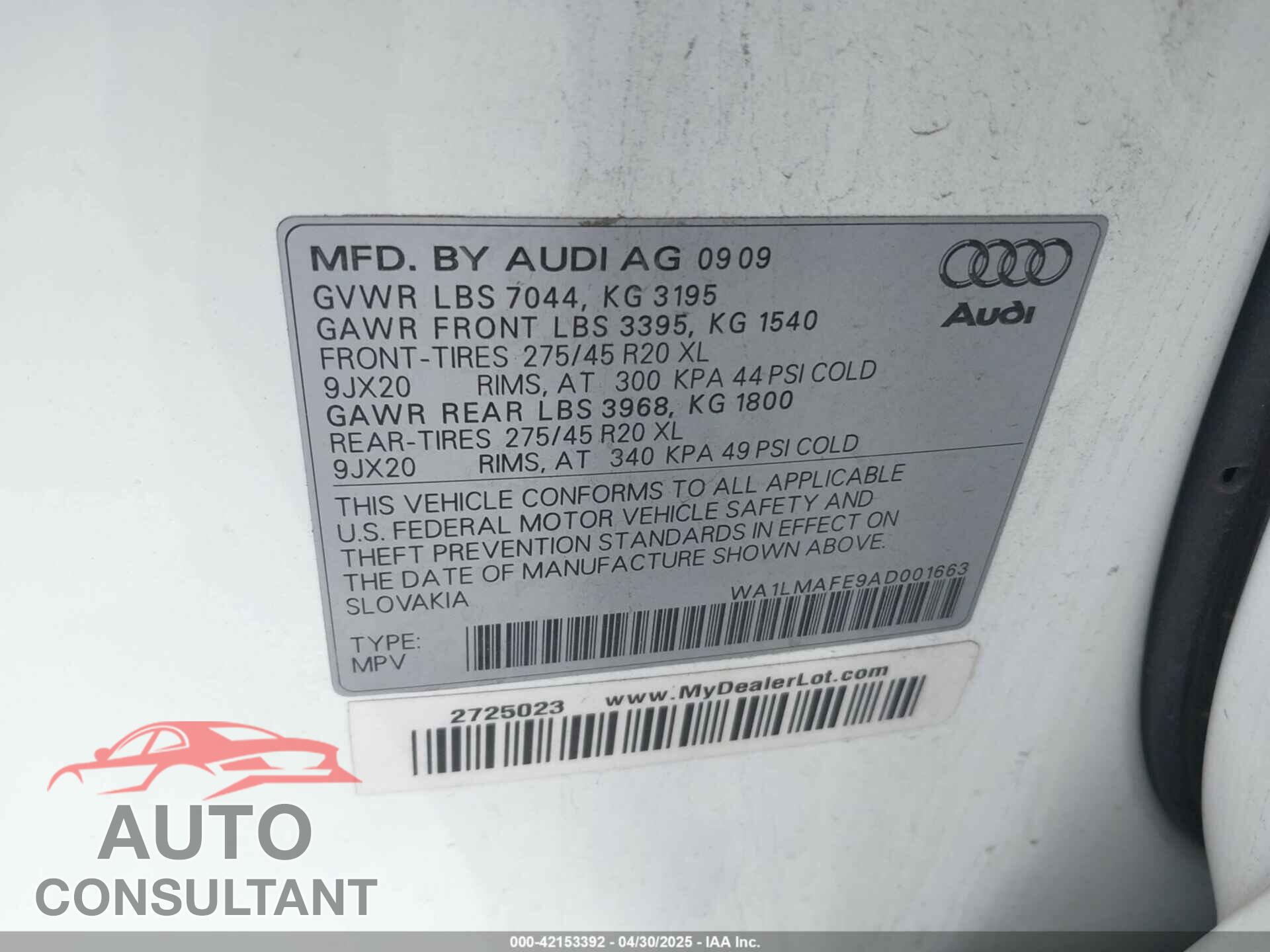 AUDI Q7 2010 - WA1LMAFE9AD001663