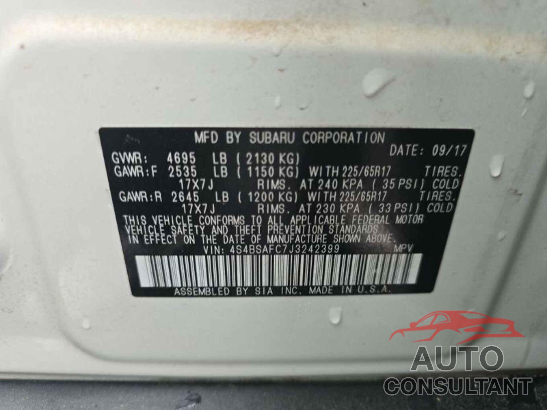 SUBARU OUTBACK 2018 - 4S4BSAFC7J3242399