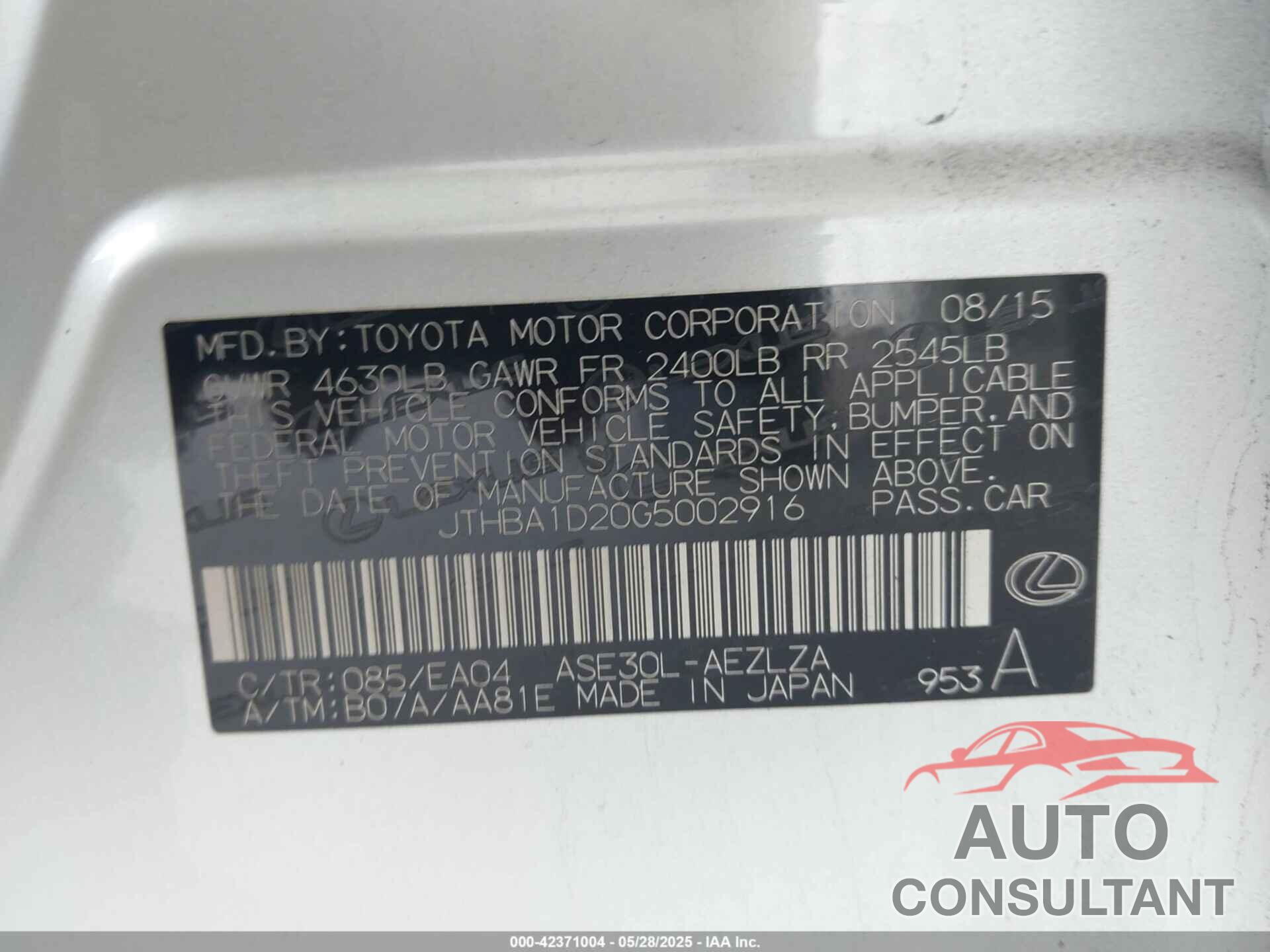 LEXUS IS 200T 2016 - JTHBA1D20G5002916
