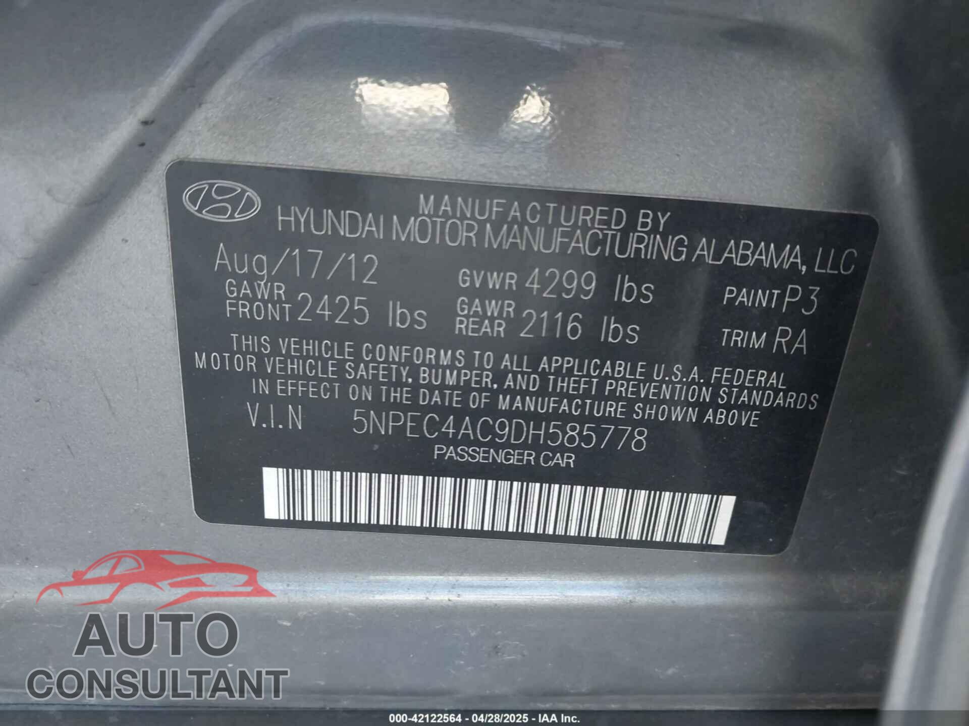 HYUNDAI SONATA 2013 - 5NPEC4AC9DH585778