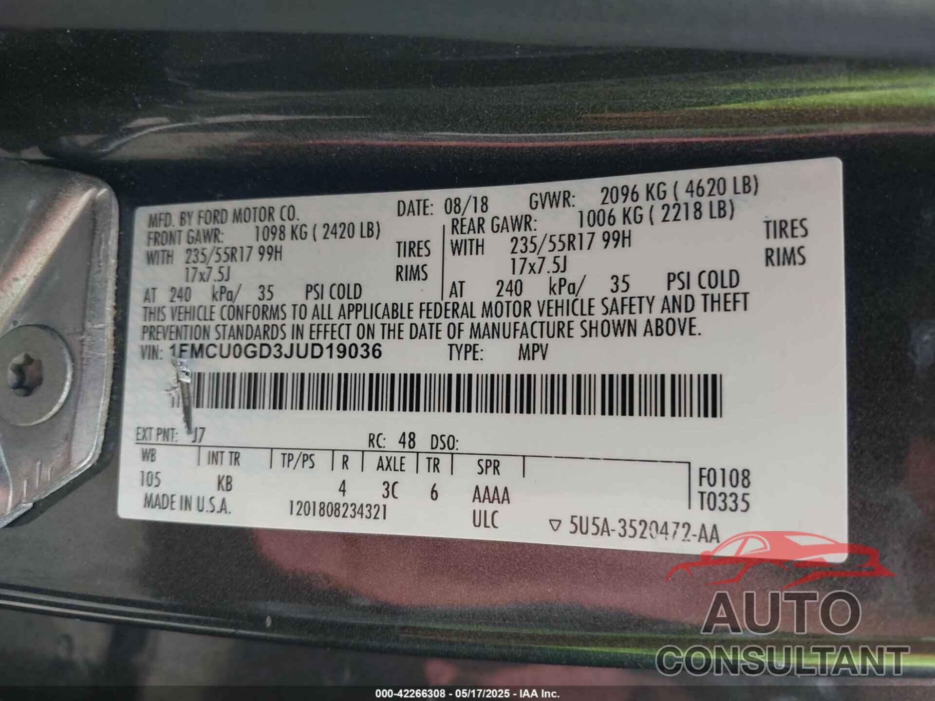 FORD ESCAPE 2018 - 1FMCU0GD3JUD19036