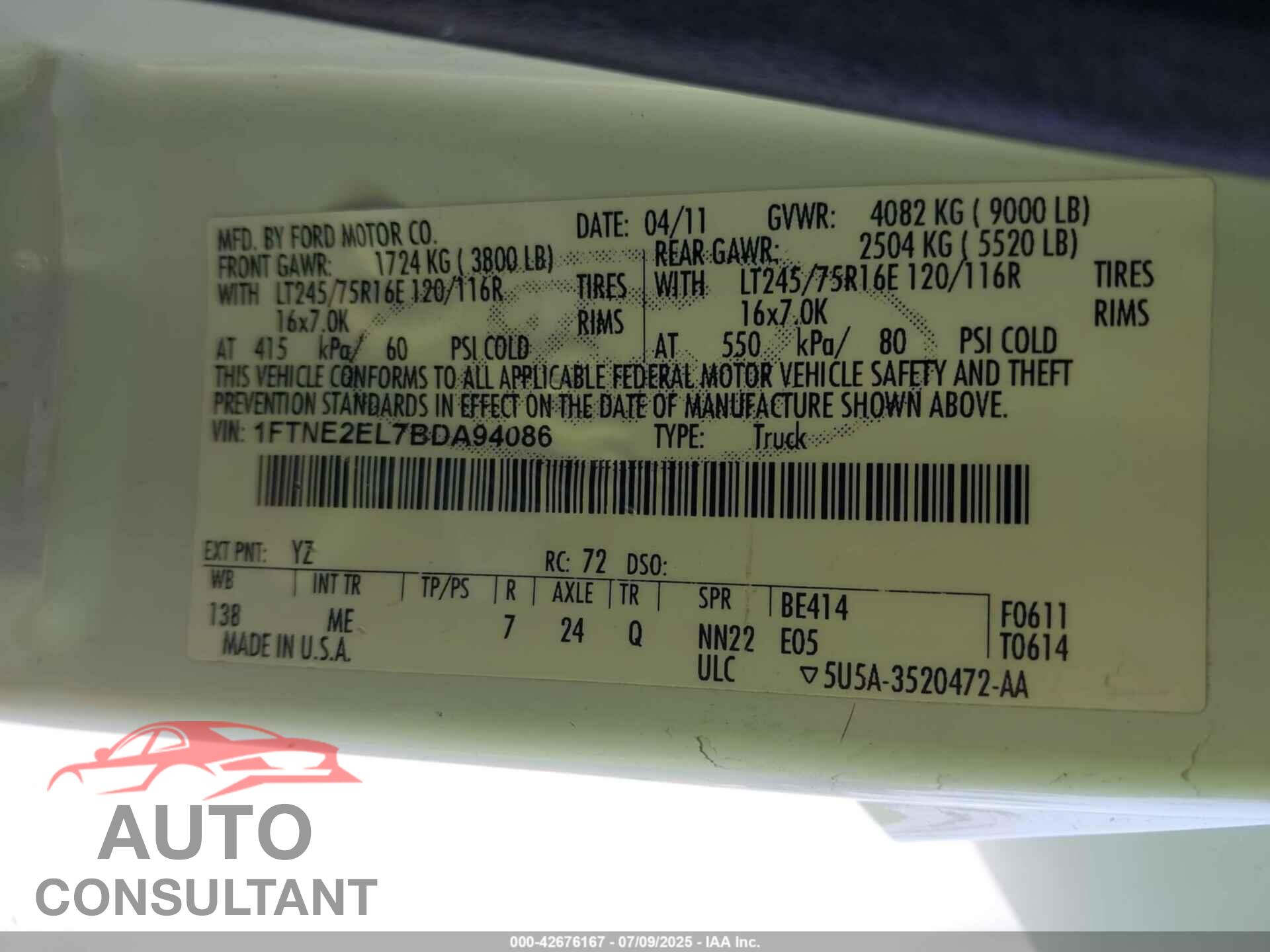 FORD E-250 2011 - 1FTNE2EL7BDA94086