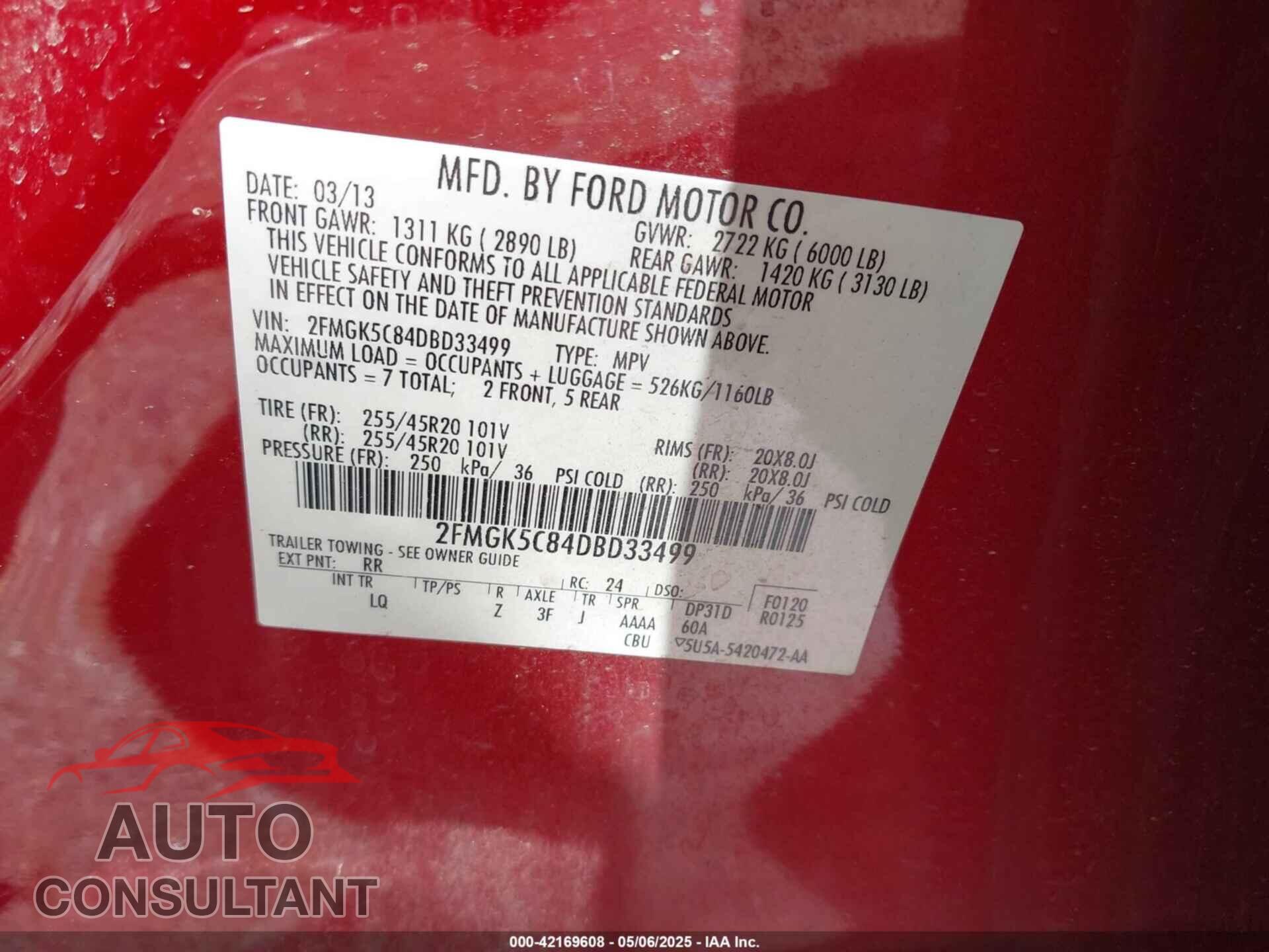 FORD FLEX 2013 - 2FMGK5C84DBD33499