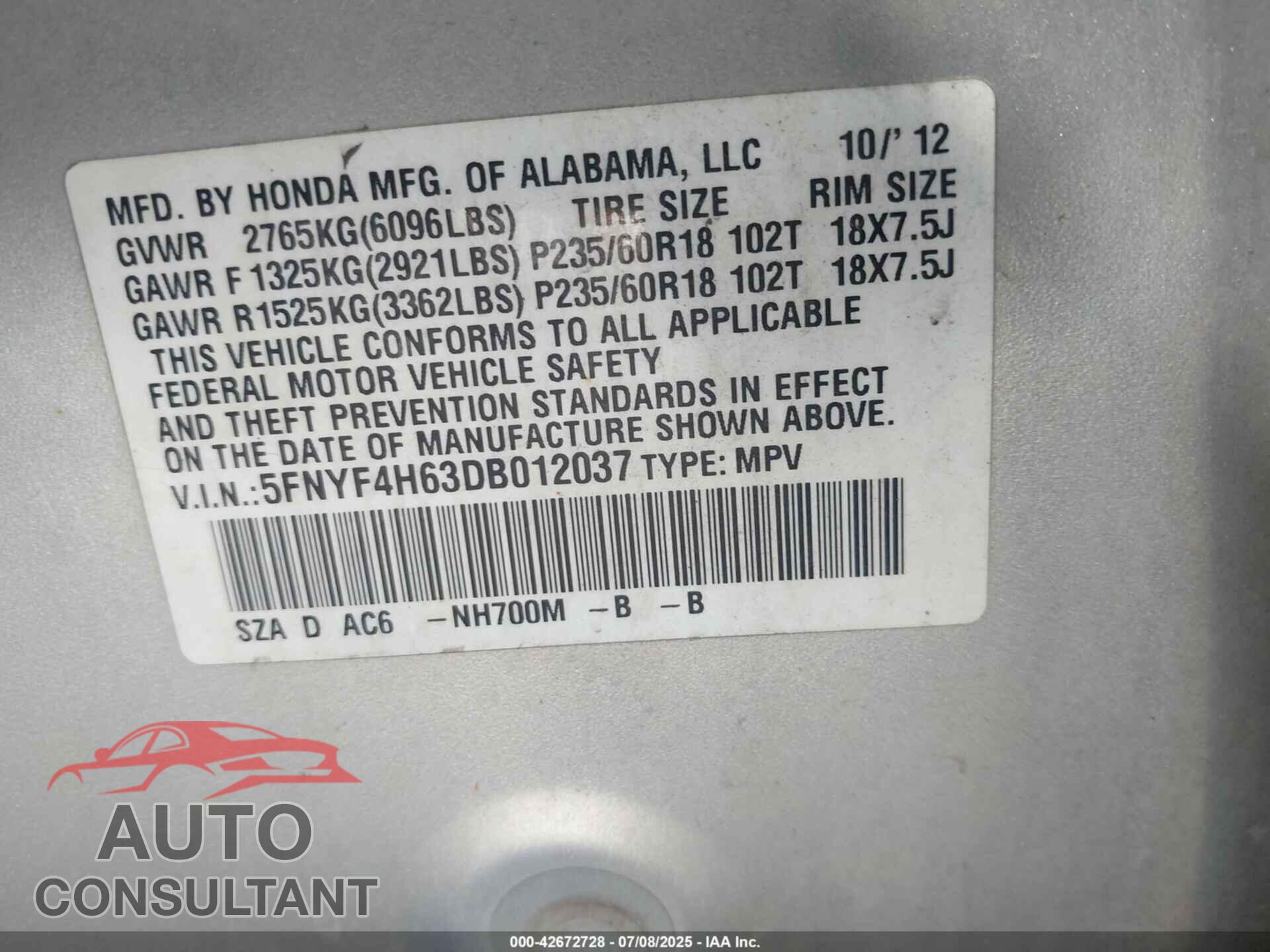 HONDA PILOT 2013 - 5FNYF4H63DB012037