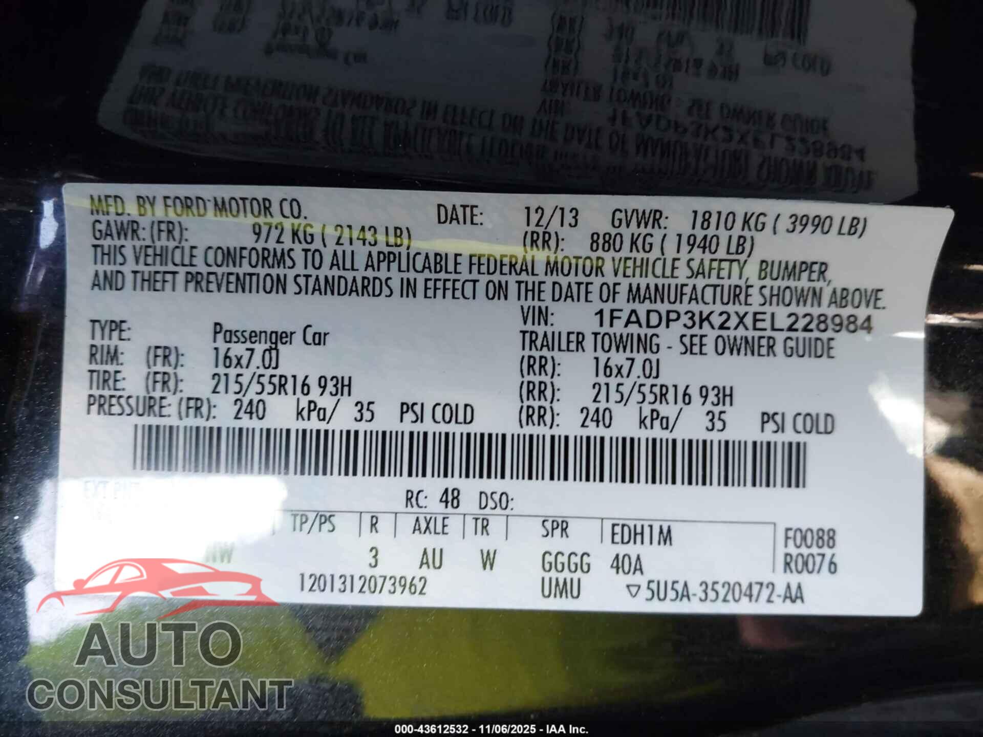 FORD FOCUS 2014 - 1FADP3K2XEL228984