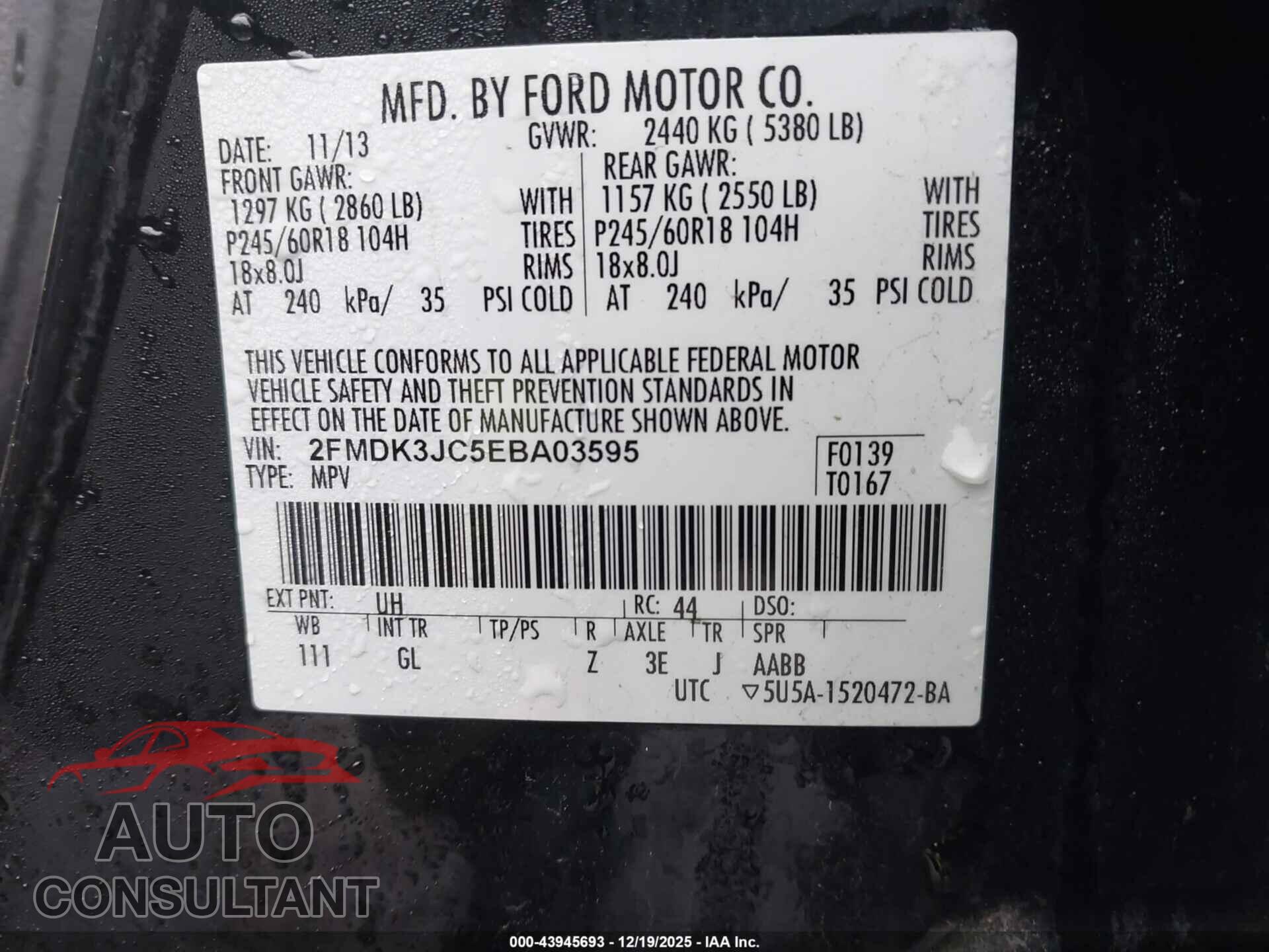 FORD EDGE 2014 - 2FMDK3JC5EBA03595
