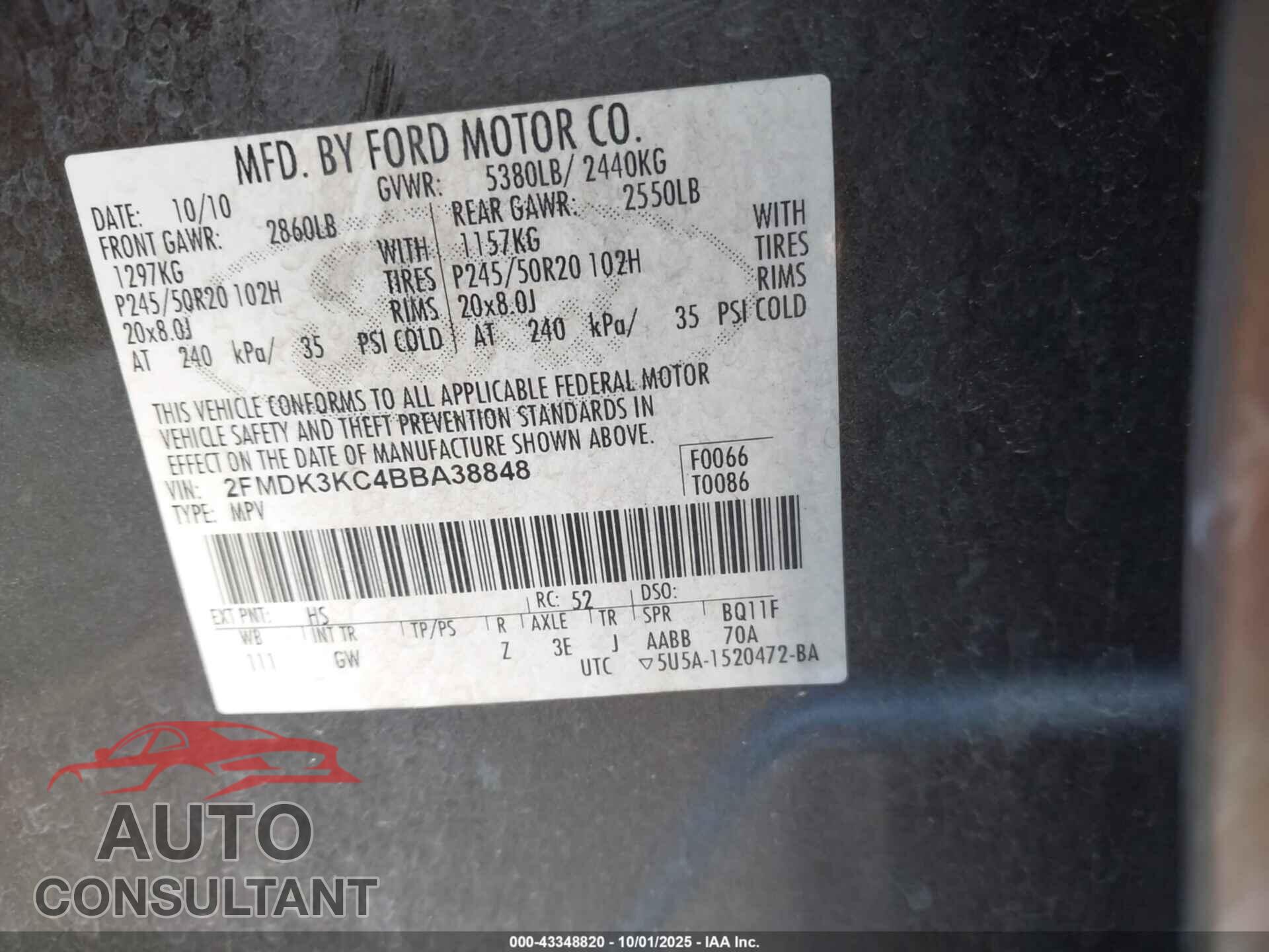 FORD EDGE 2011 - 2FMDK3KC4BBA38848