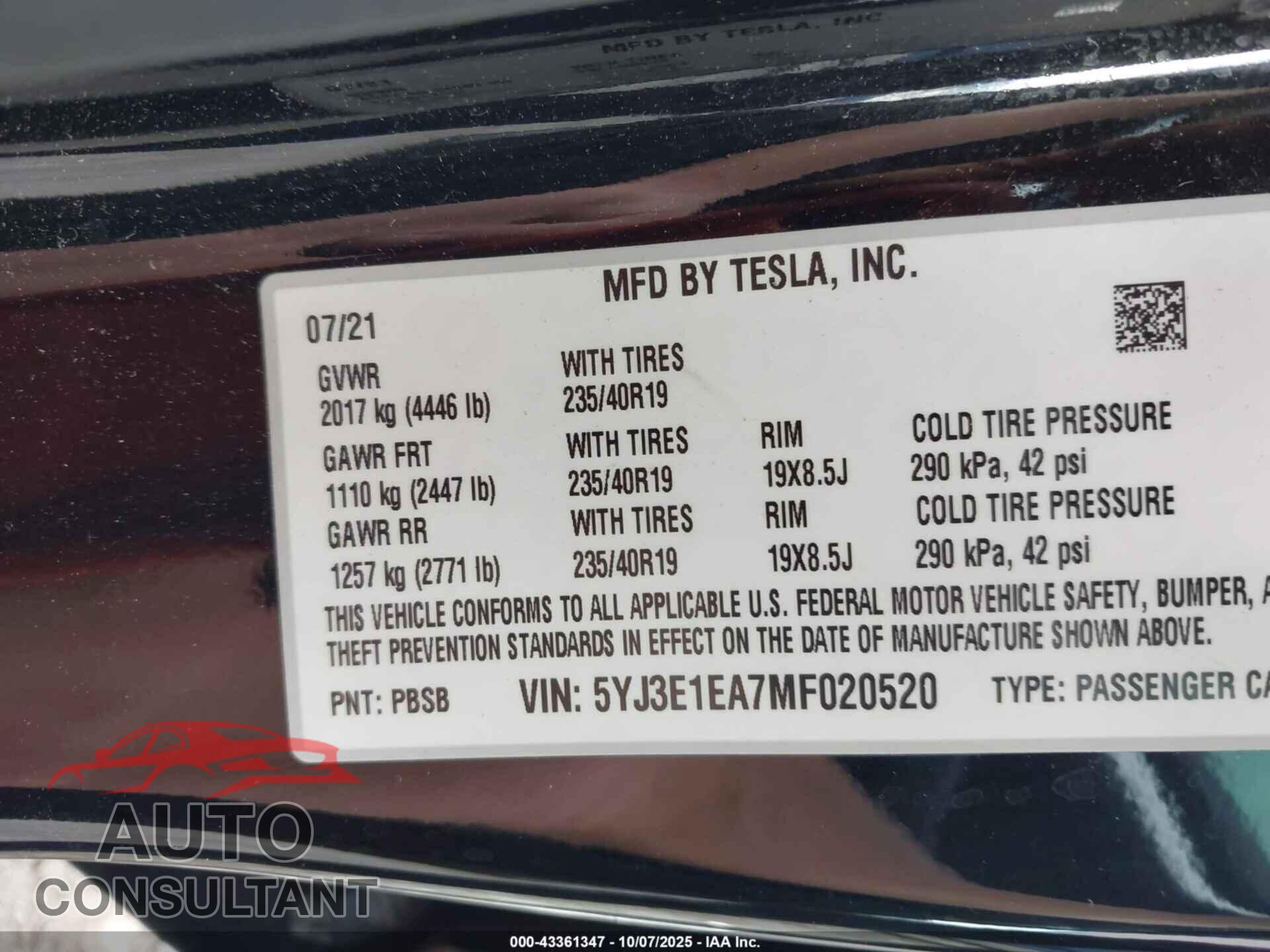 TESLA MODEL 3 2021 - 5YJ3E1EA7MF020520