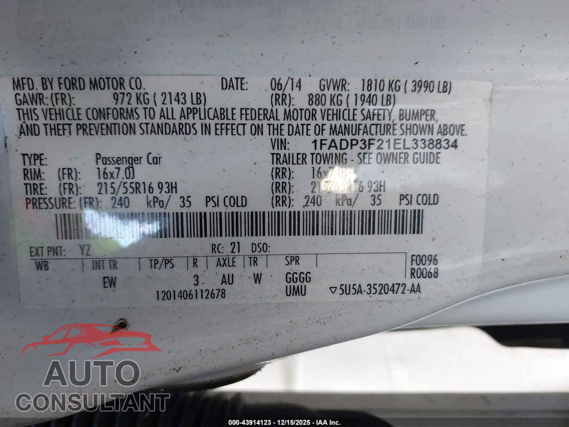 FORD FOCUS 2014 - 1FADP3F21EL338834