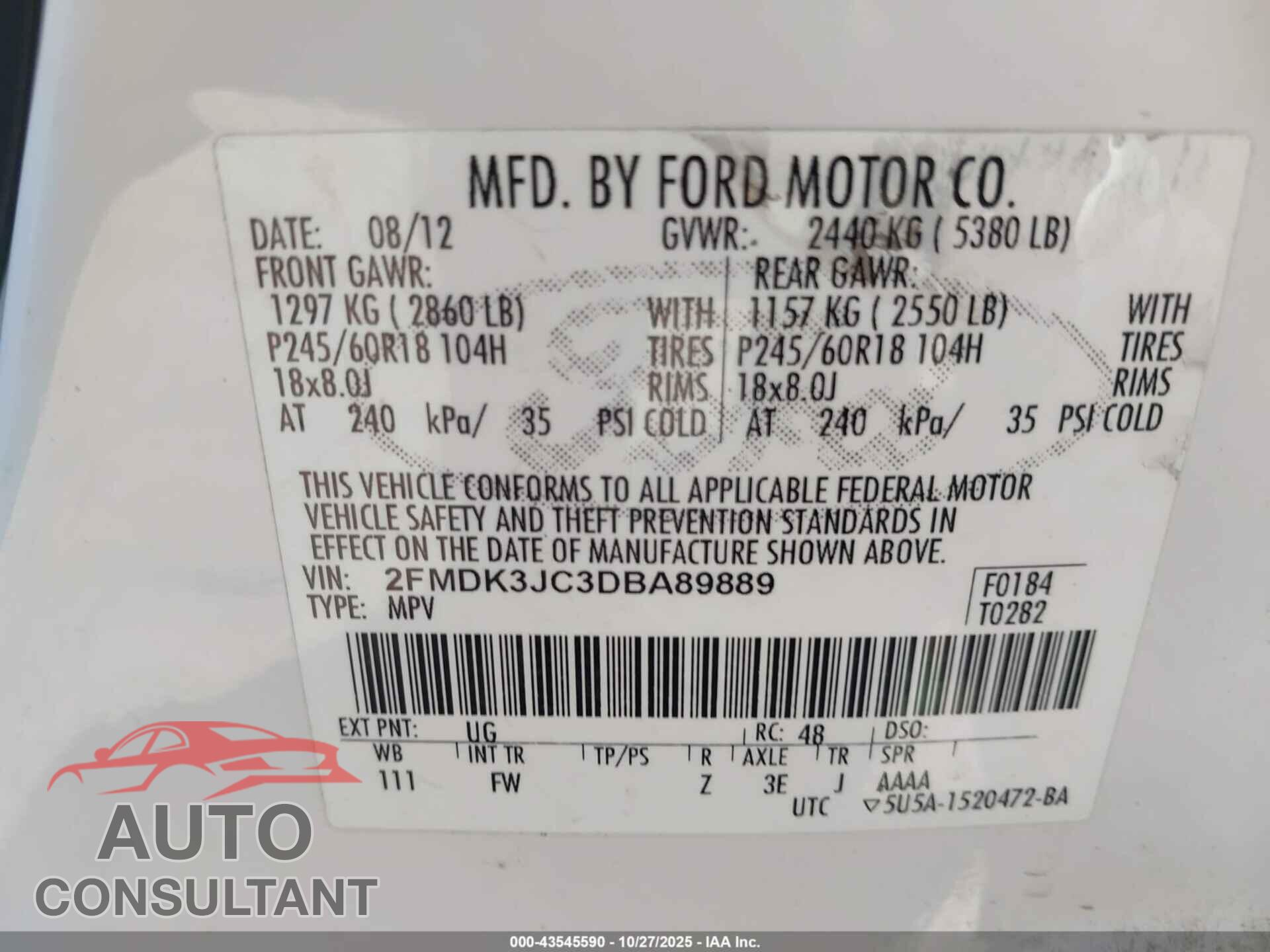 FORD EDGE 2013 - 2FMDK3JD3DBA89889