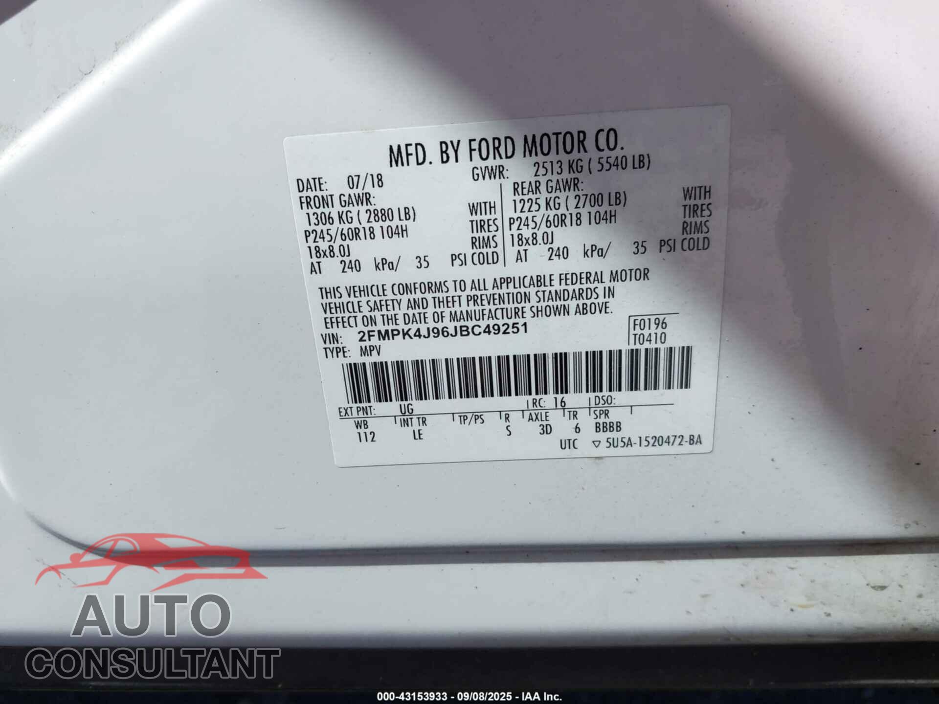 FORD EDGE 2018 - 2FMPK4J96JBC49251