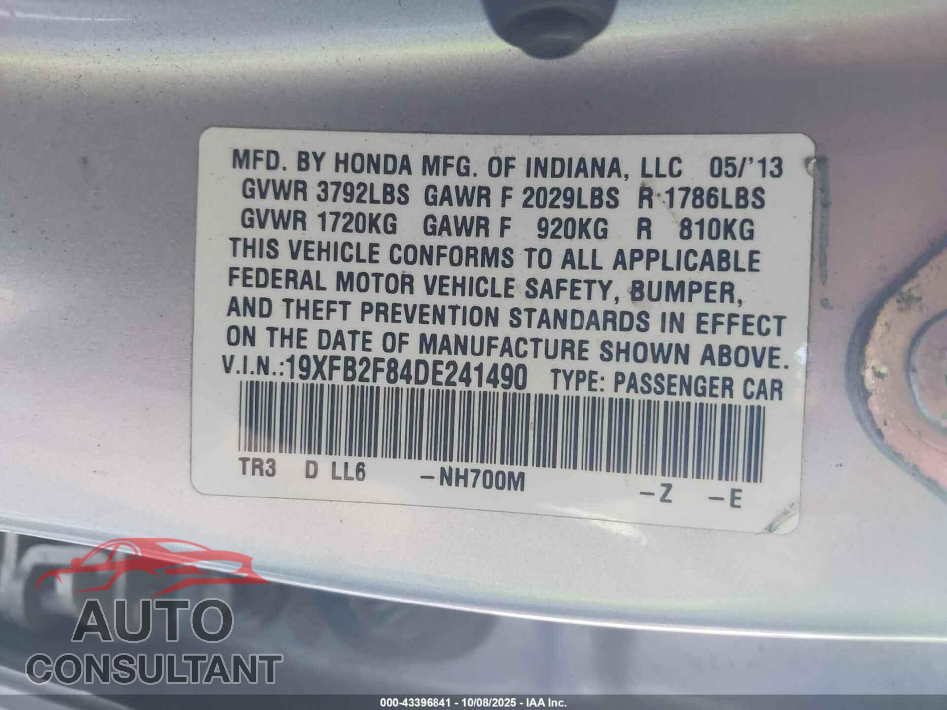 HONDA CIVIC 2013 - 19XFB2F84DE241490