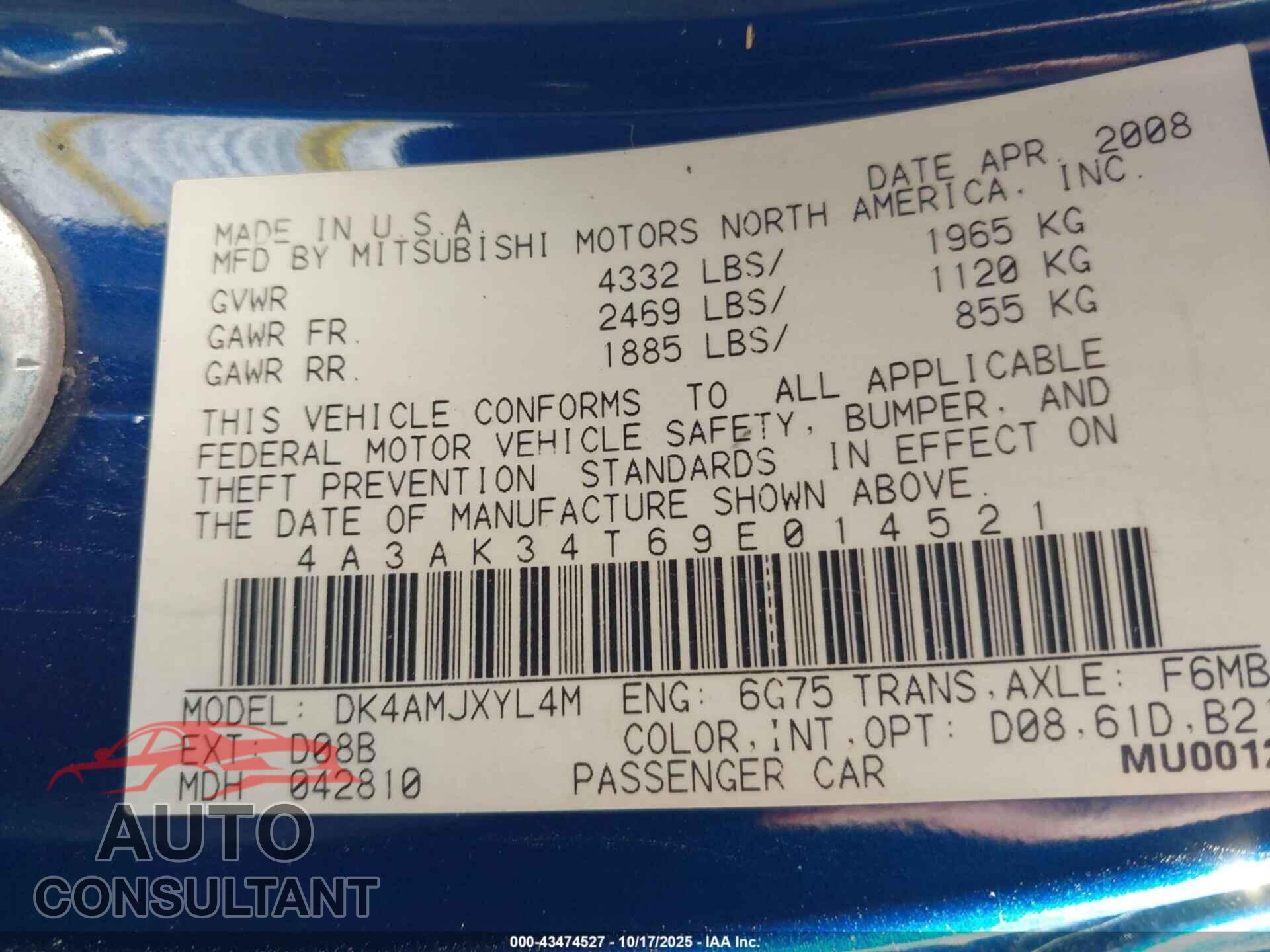 MITSUBISHI ECLIPSE 2009 - 4A3AK34T69E014521