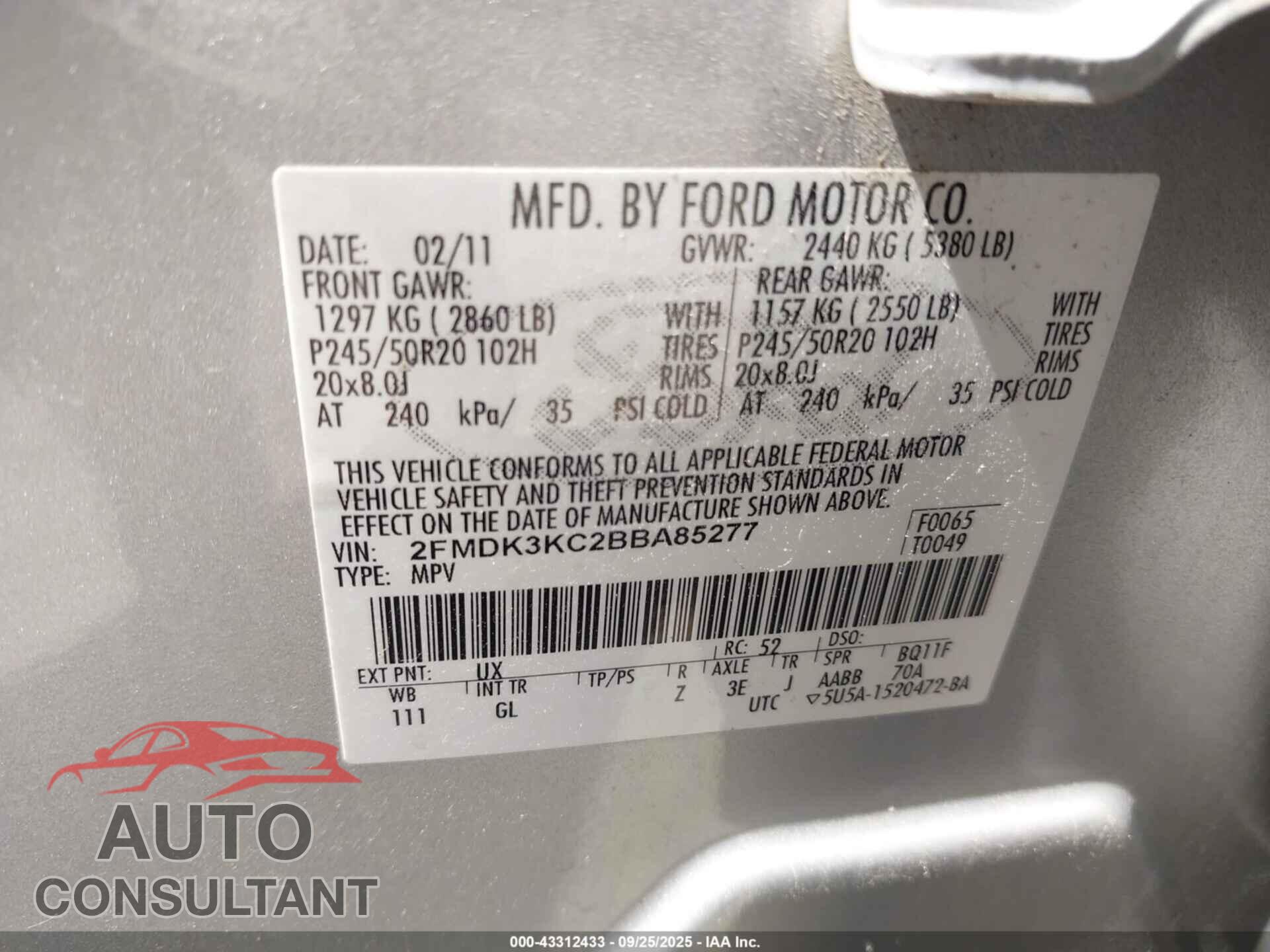 FORD EDGE 2011 - 2FMDK3KC2BBA85277