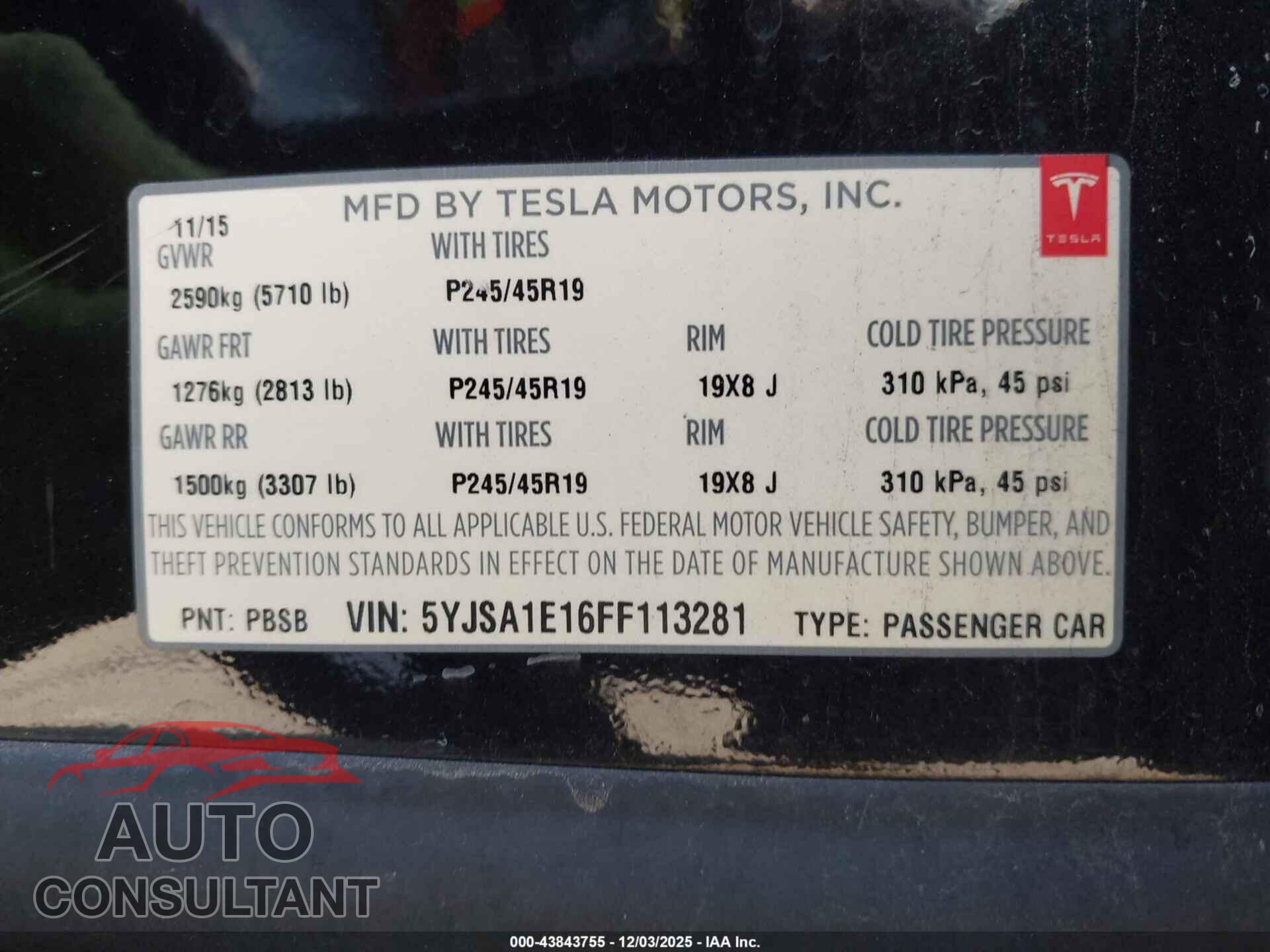 TESLA MODEL S 2015 - 5YJSA1E16FF113281