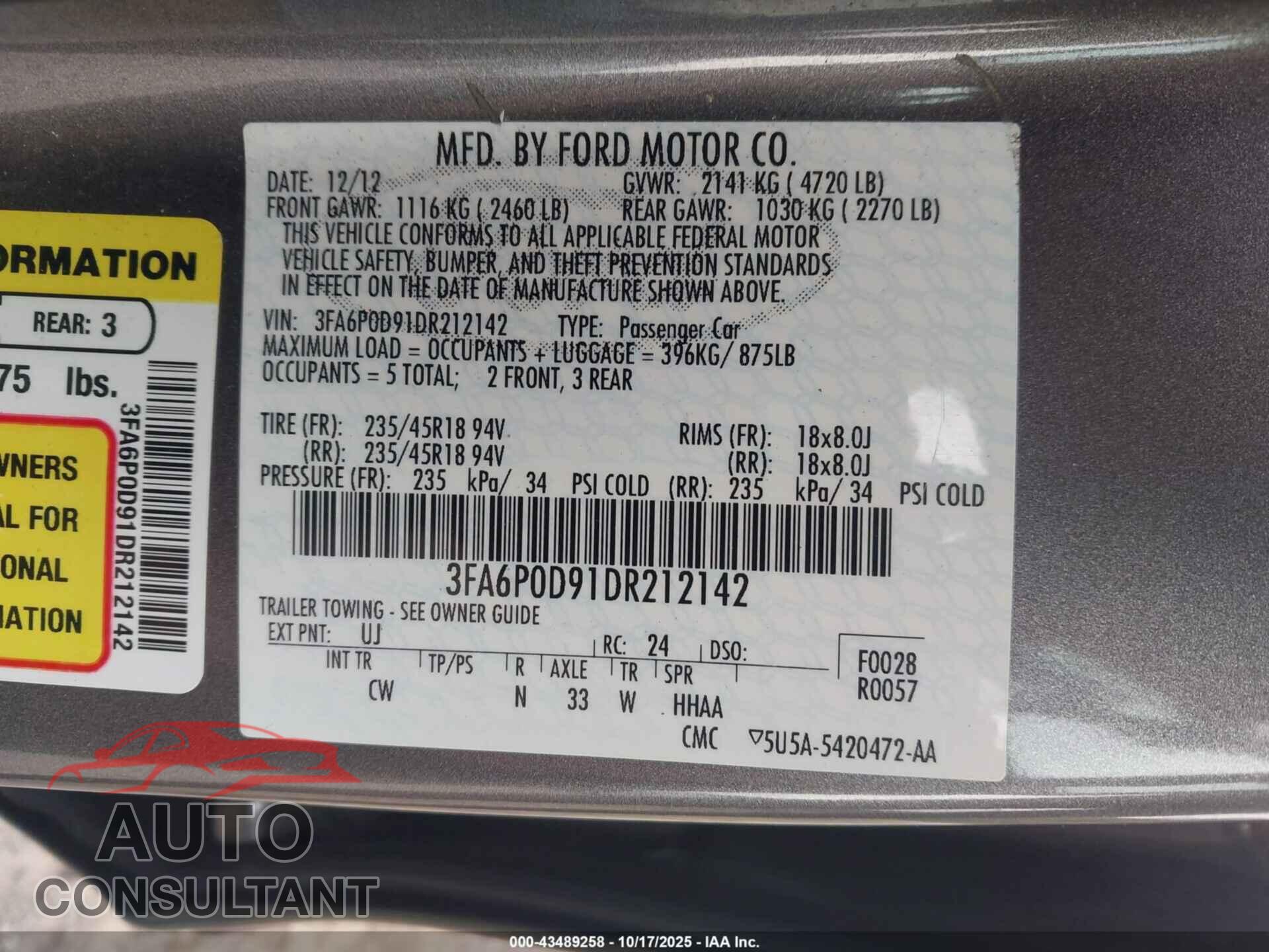 FORD FUSION 2013 - 3FA6P0D91DR212142