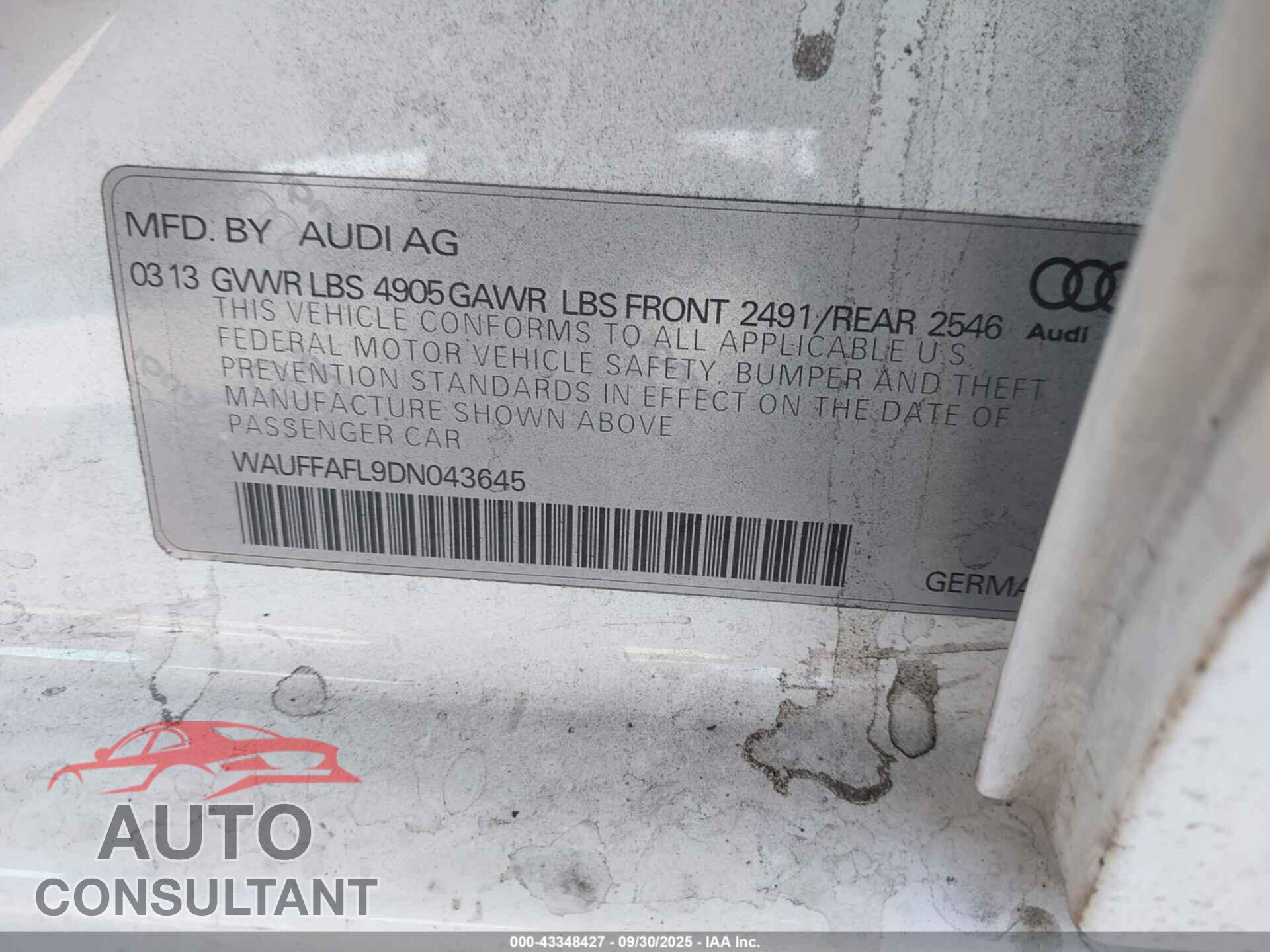 AUDI A4 2013 - WAUFFAFL9DN043645