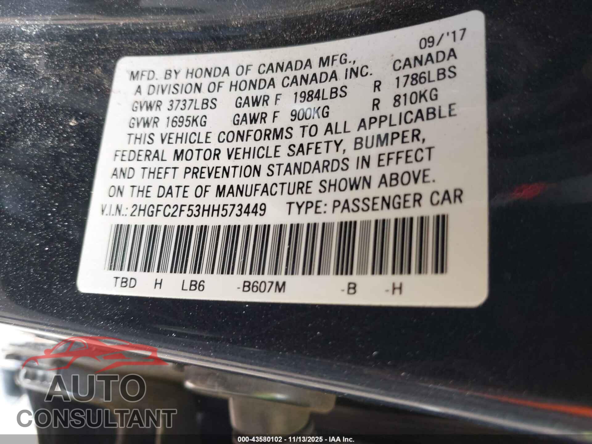 HONDA CIVIC 2017 - 2HGFC2F53HH573449