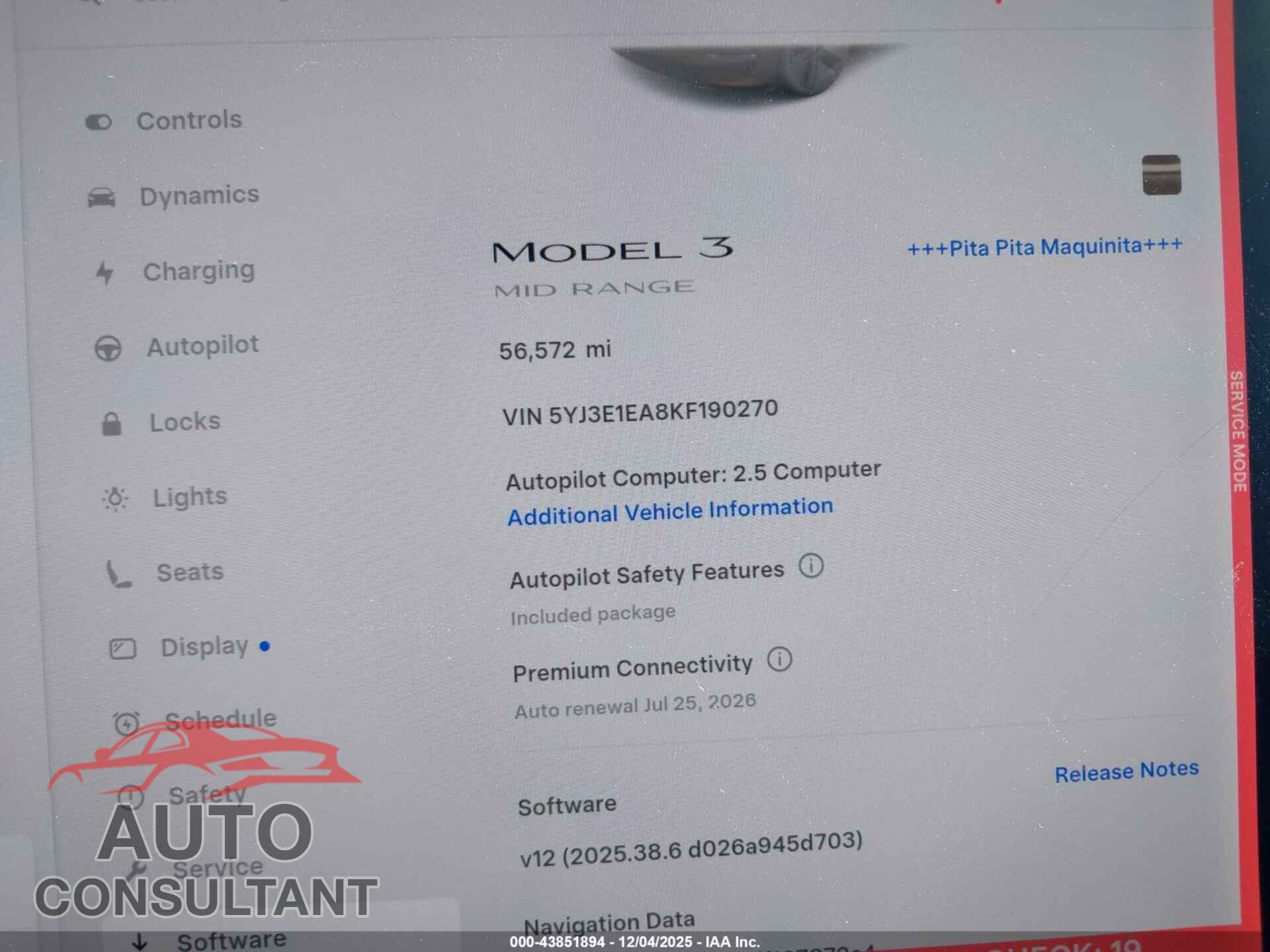 TESLA MODEL 3 2019 - 5YJ3E1EA8KF190270
