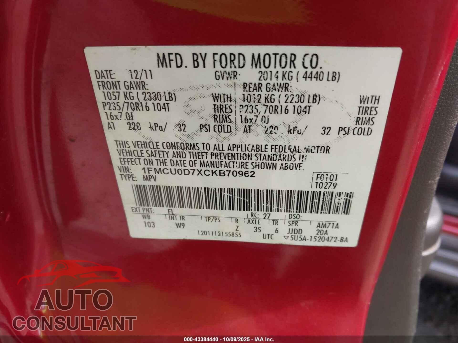 FORD ESCAPE 2012 - 1FMCU0D7XCKB70962
